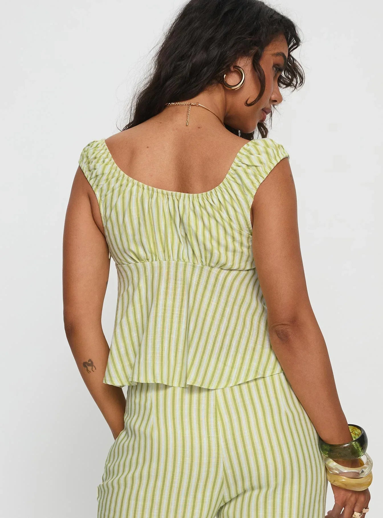 With Pleasure Puff Sleeve Linen Blouse Top Green / Blue Stripe