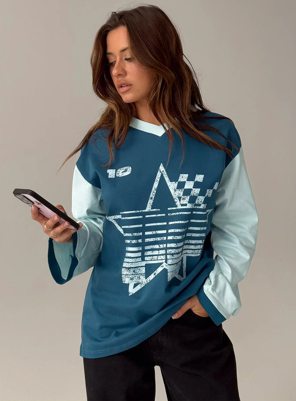 Starletta Long Sleeve Moto Top Blue