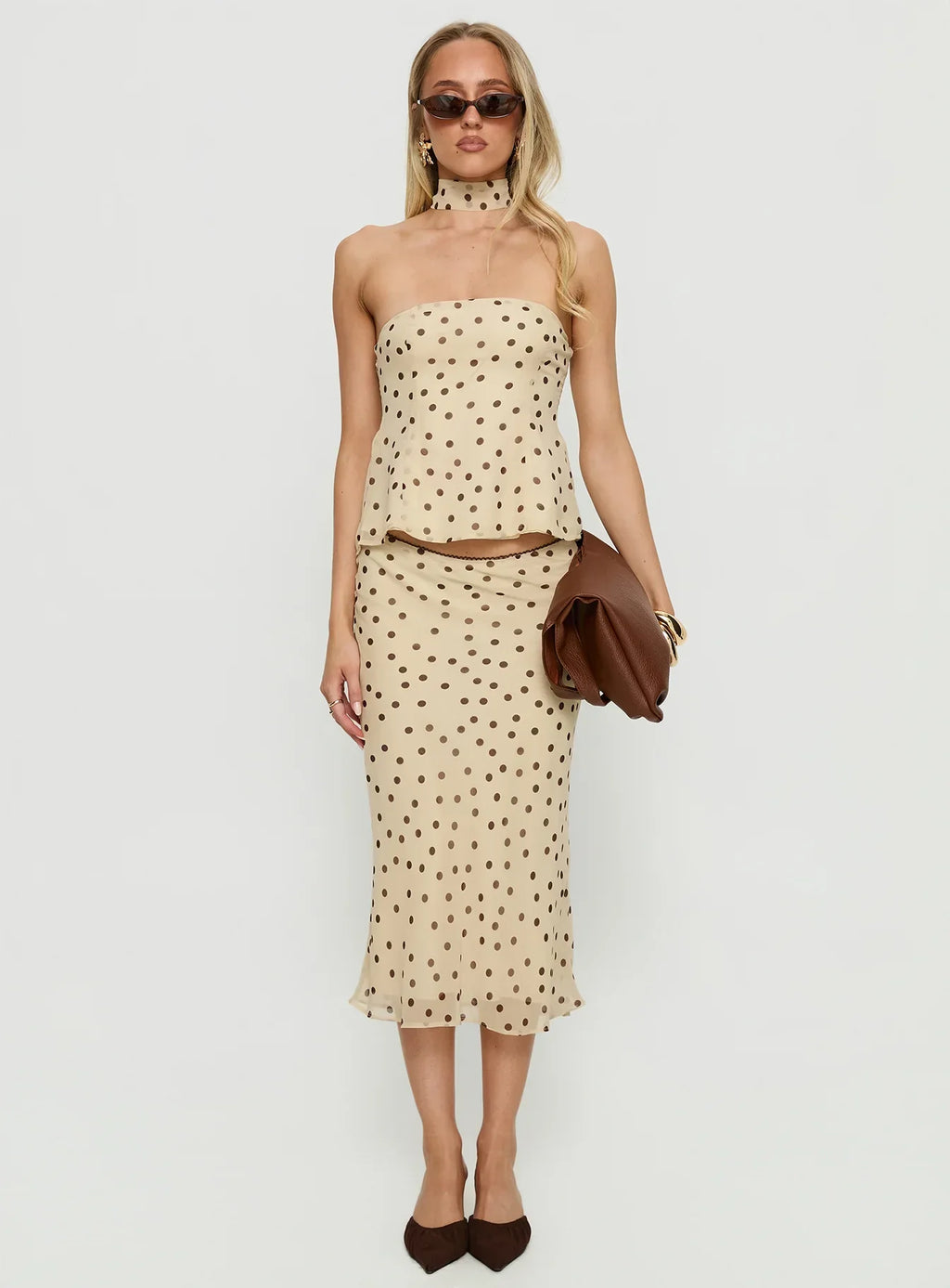 Sydni scarf detail strapless top Yellow / Chocolate Polka Dot