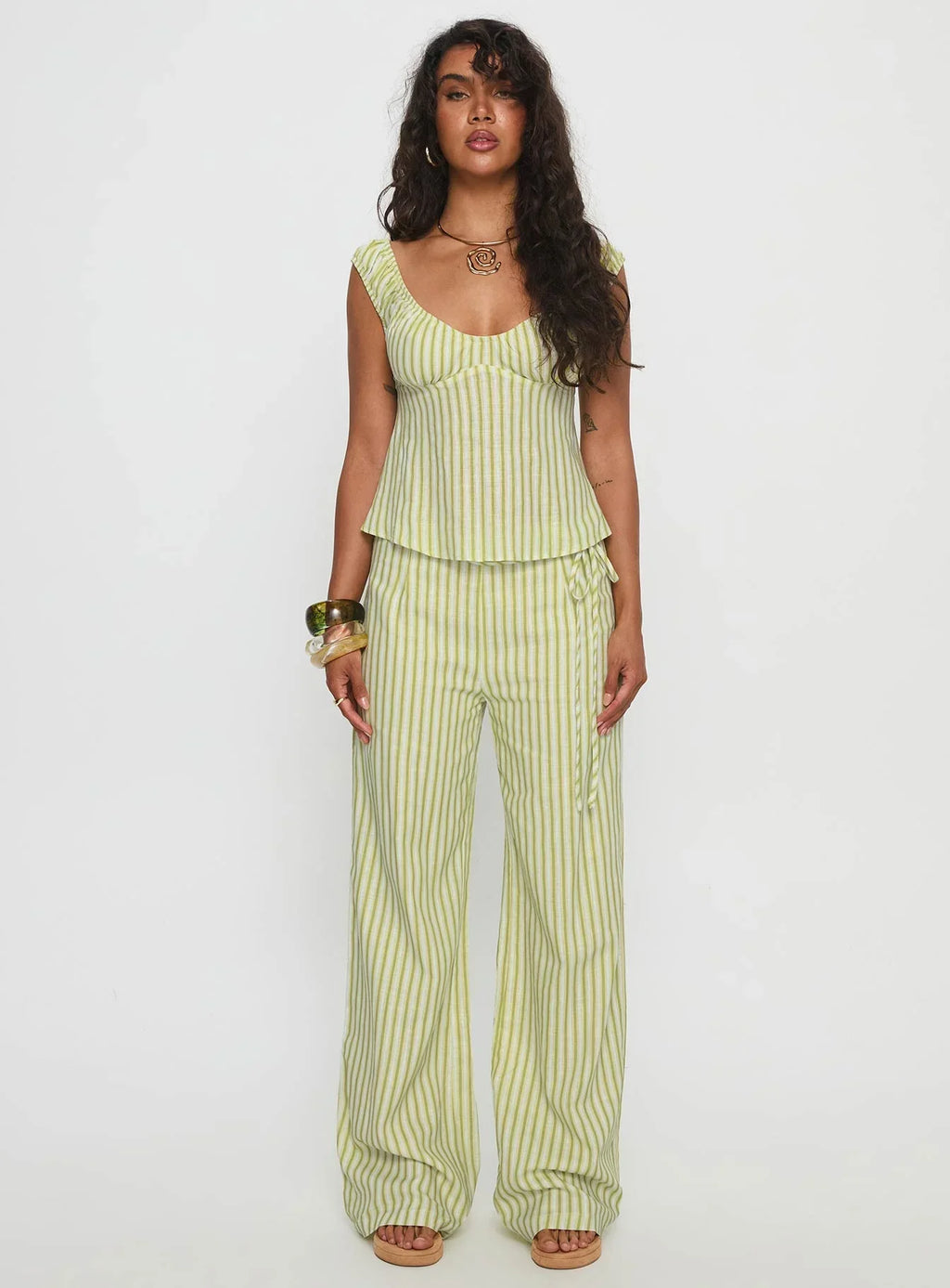 With Pleasure Puff Sleeve Linen Blouse Top Green / Blue Stripe