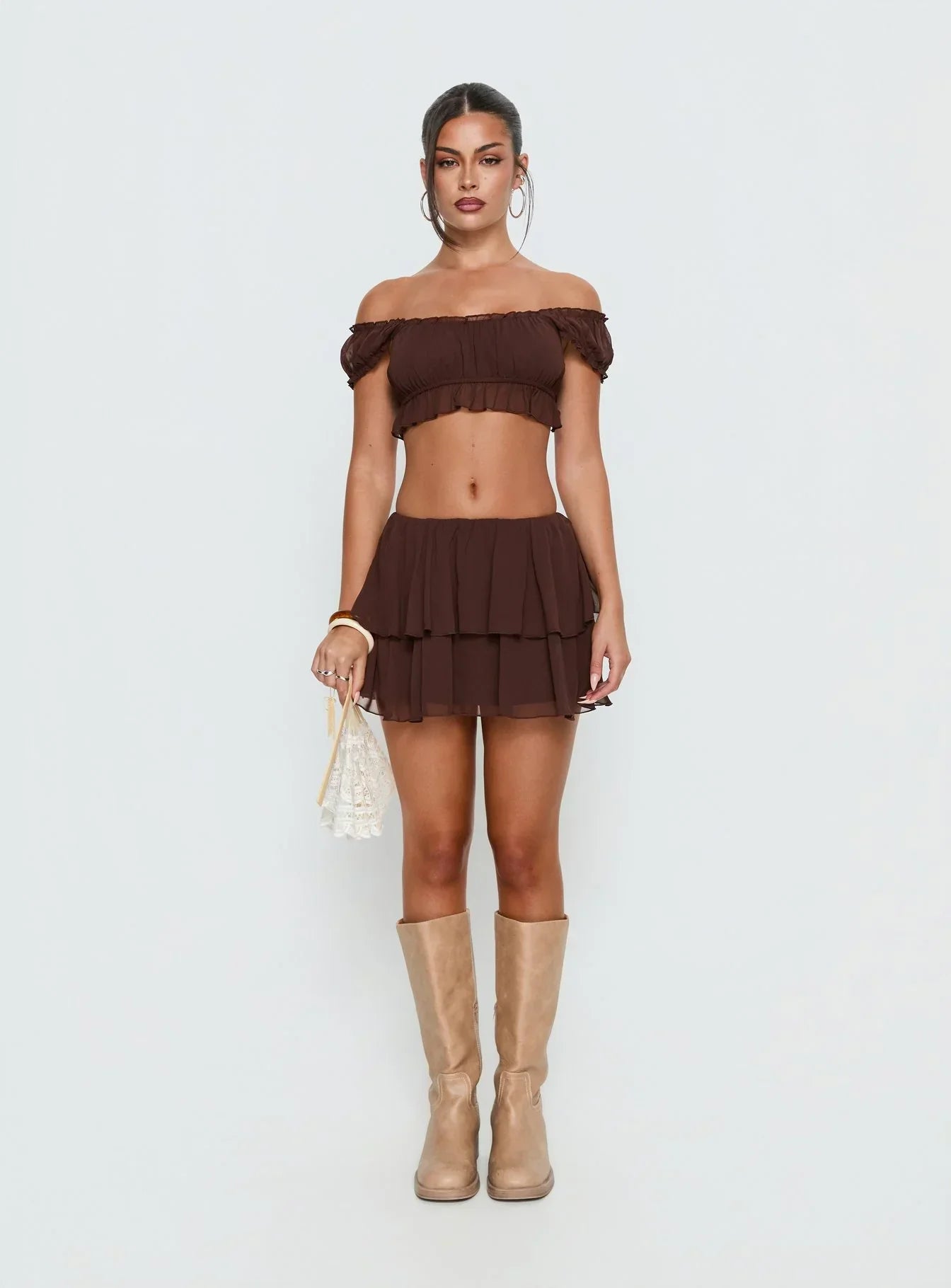 Ackee Ruched Off Shoulder Top Brown