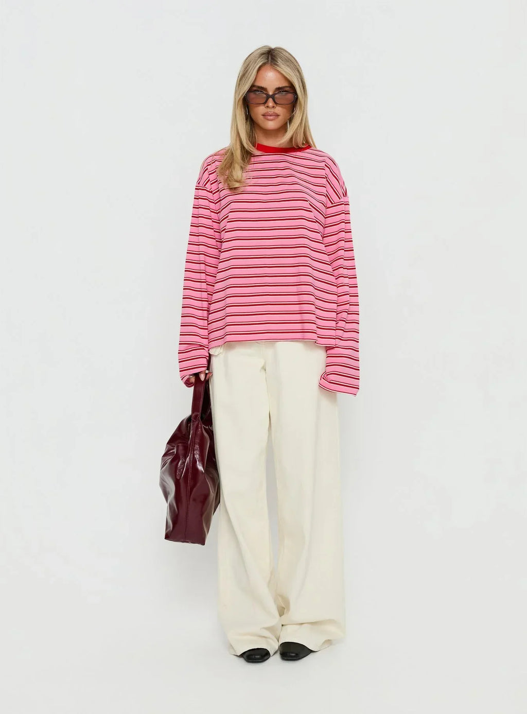 Settle Down Long Sleeve Top Pink / Red Stripe