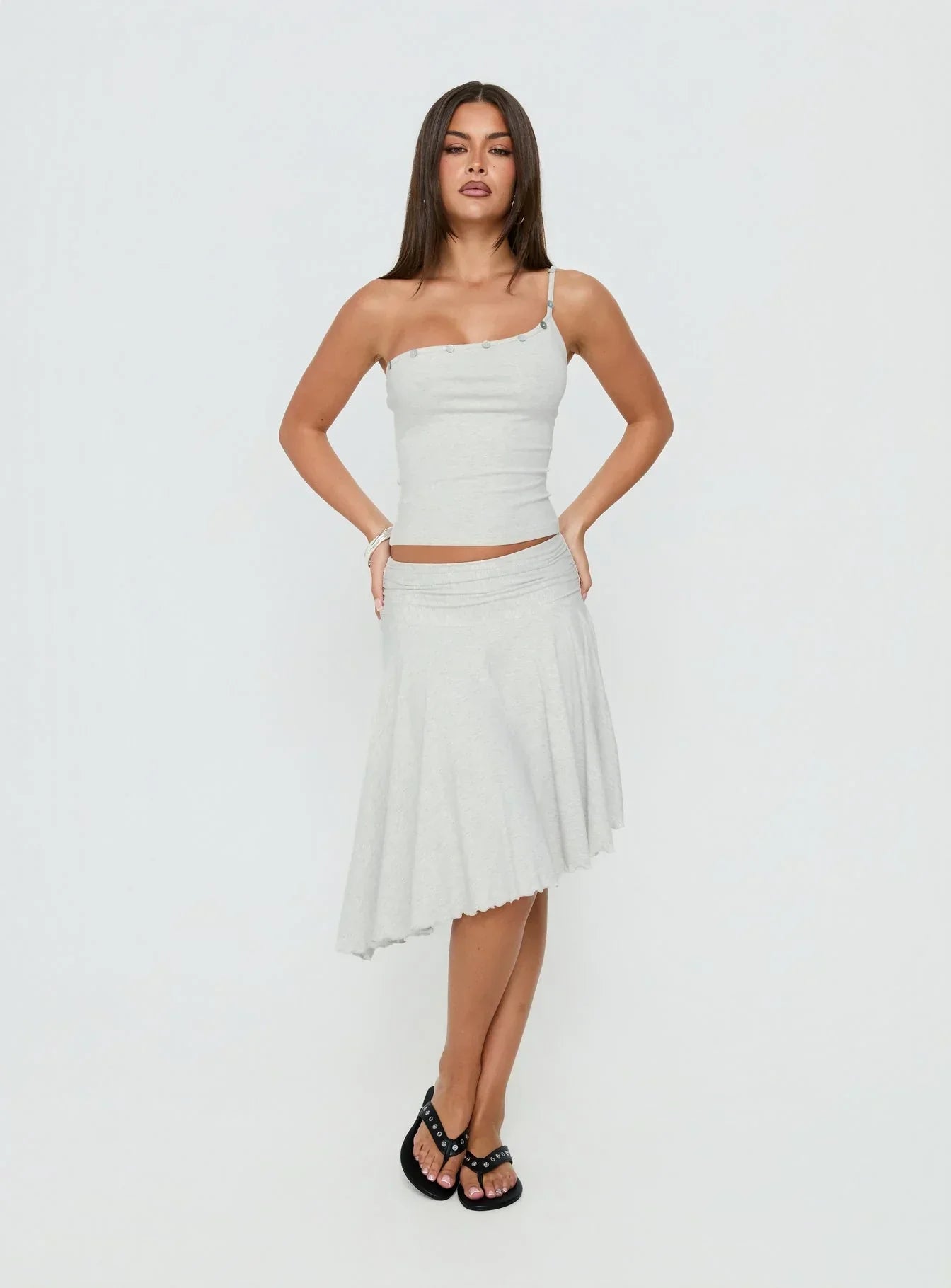 Mimmi One Shoulder Button Detail Top Grey