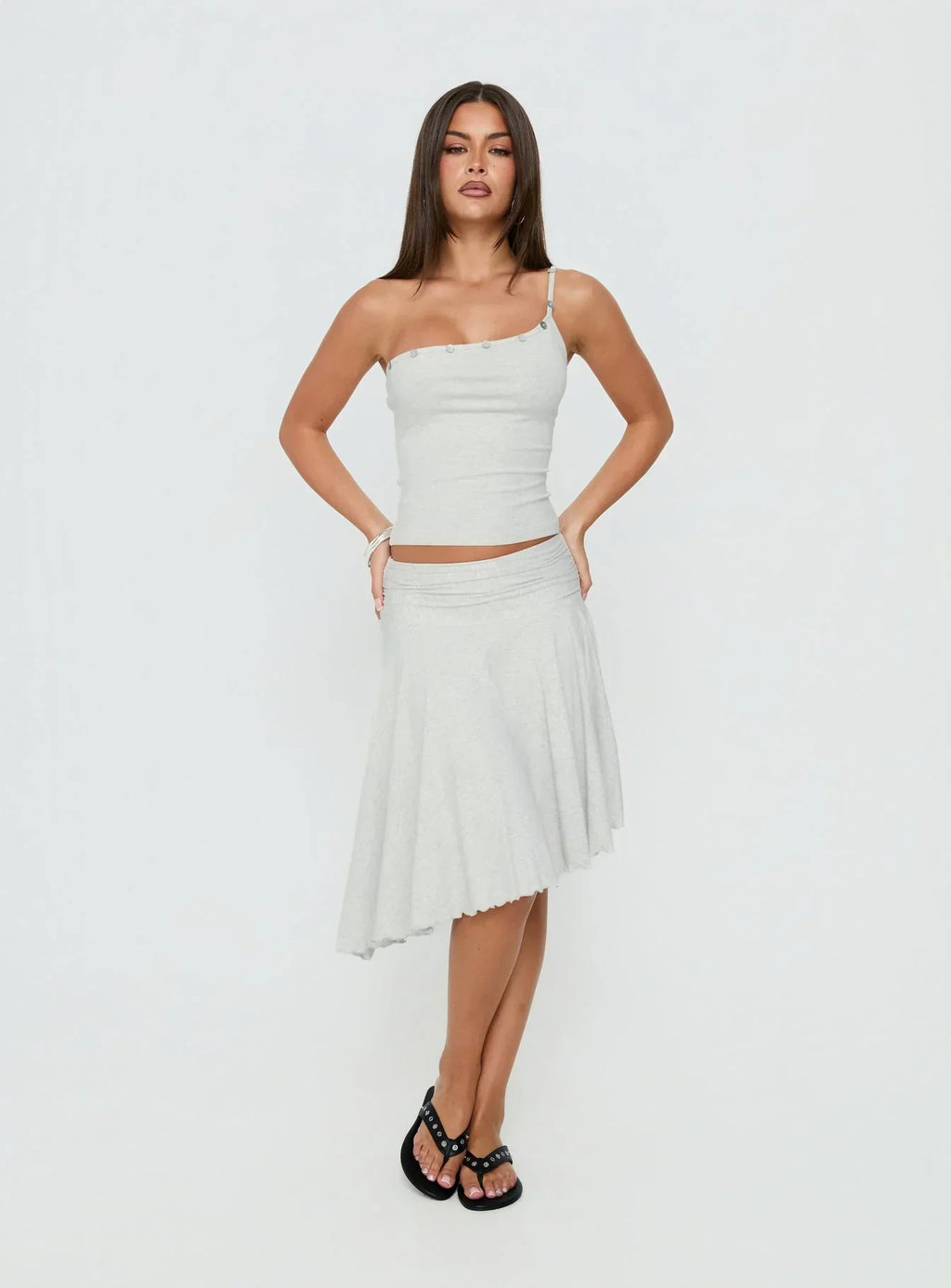 Mimmi One Shoulder Button Detail Top Grey