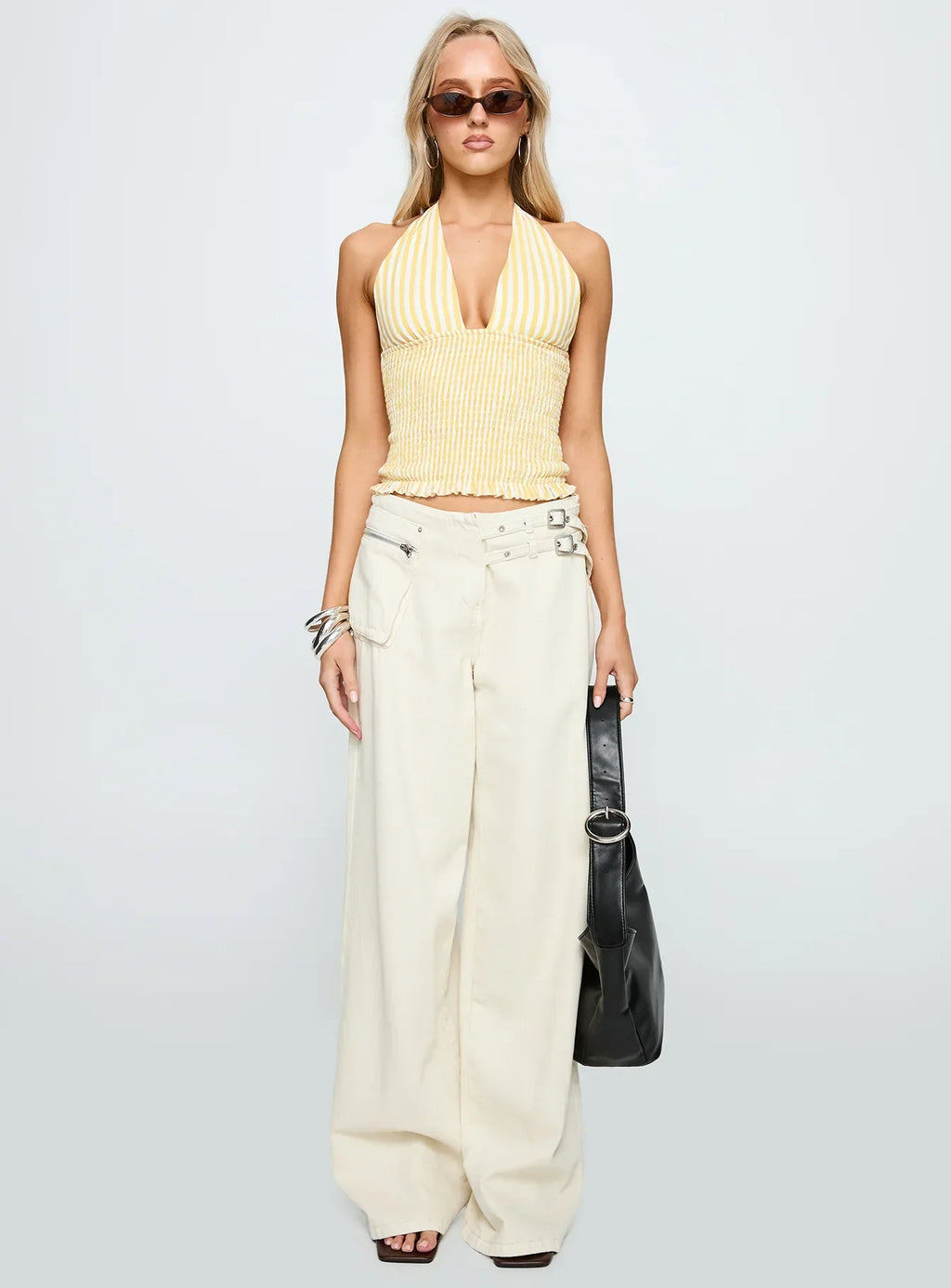 Averin Shirred Halter Top Lemon Stripe