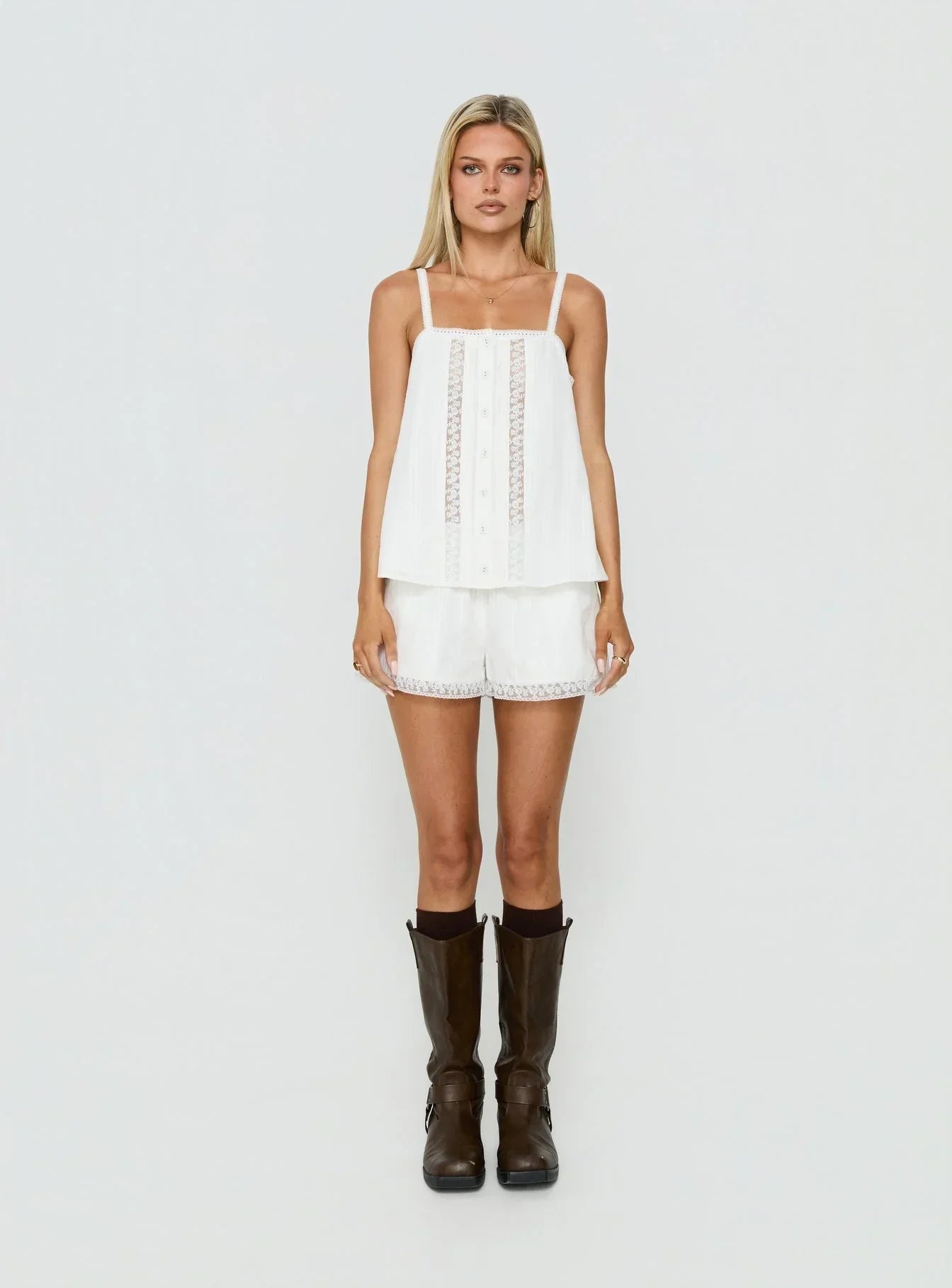 Safire Lace Trim Frill Babydoll Top Off White