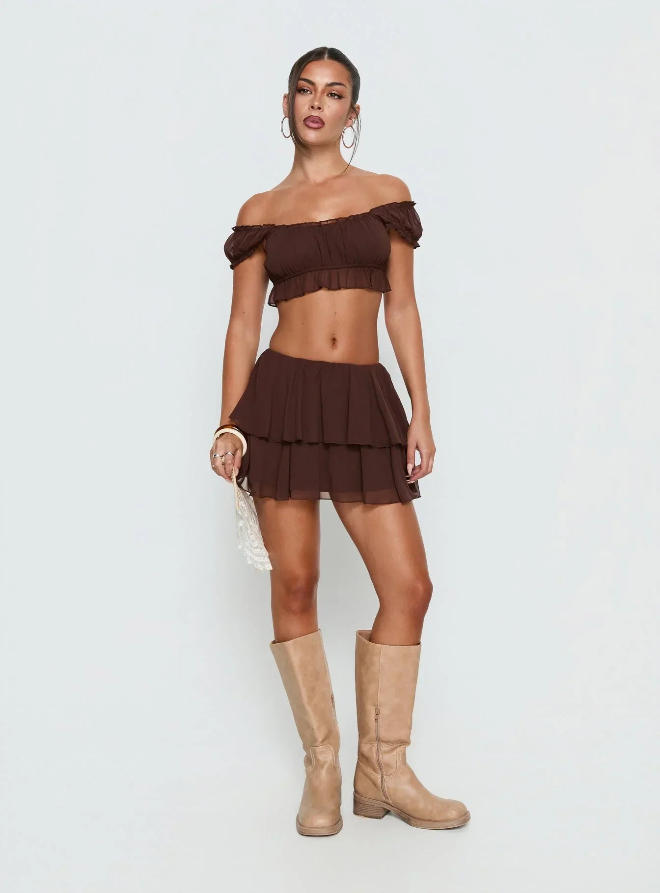 Ackee Ruched Off Shoulder Top Brown