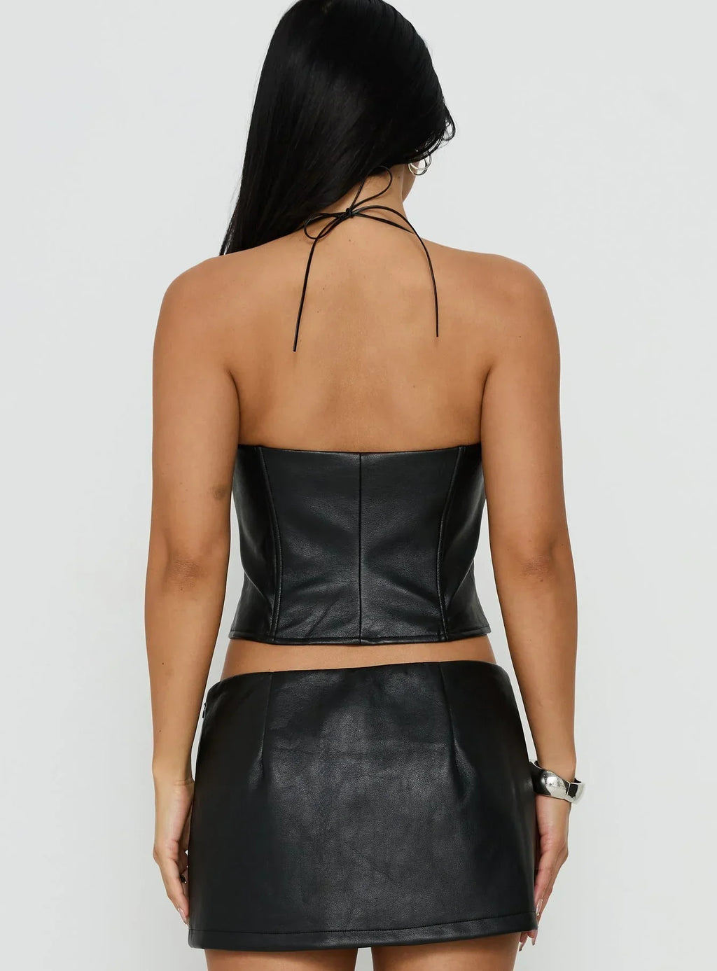Kianah Faux Leather Tie Neck Corset Top Black