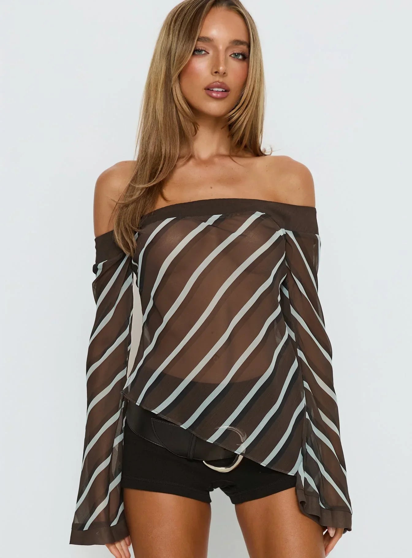 Trinkie Long Sleeve Off Shoulder Chiffon Top Navy Stripe