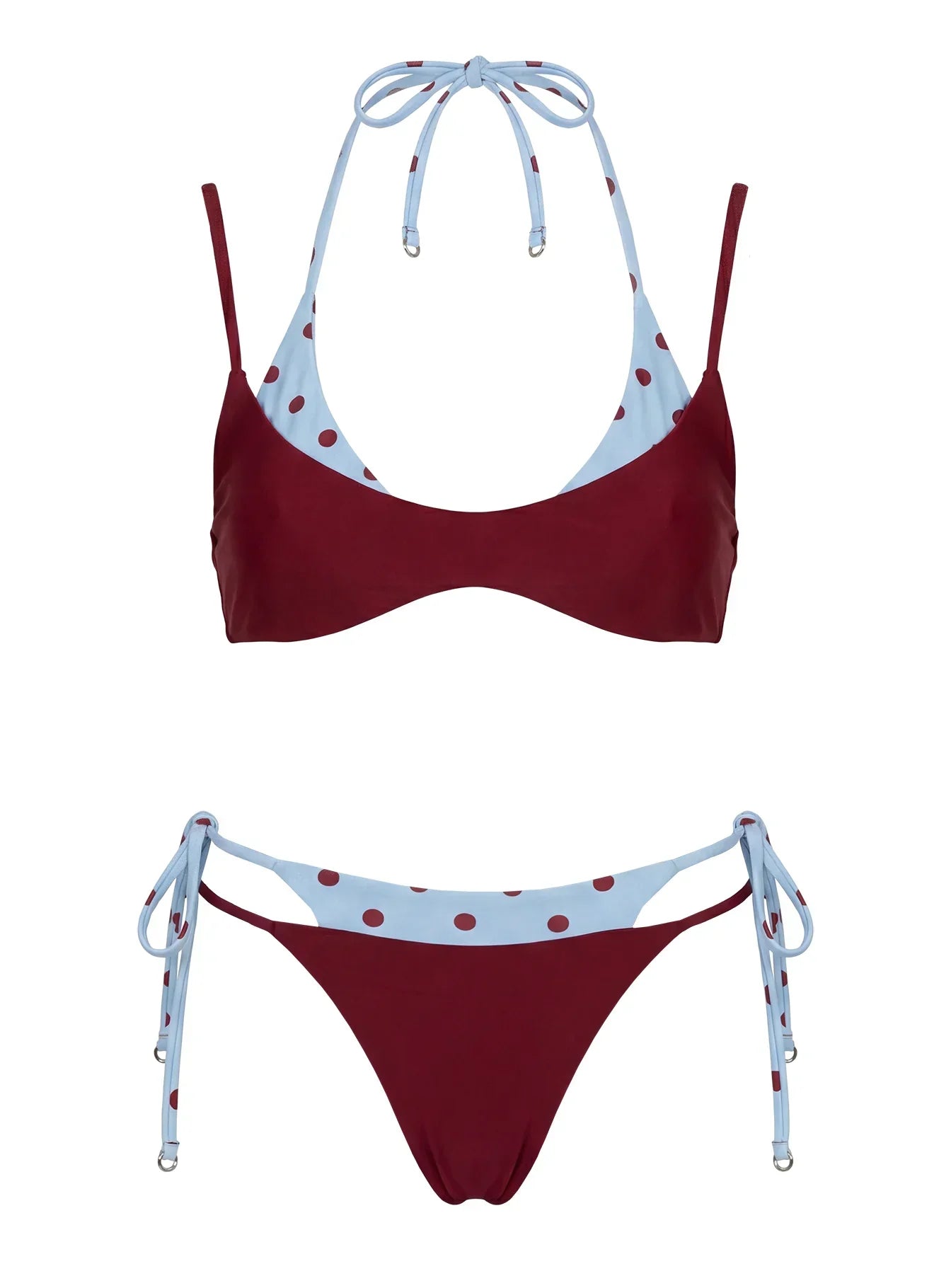 Andrei Layered Triangle Bikini Top Red / Blue Polka Dot