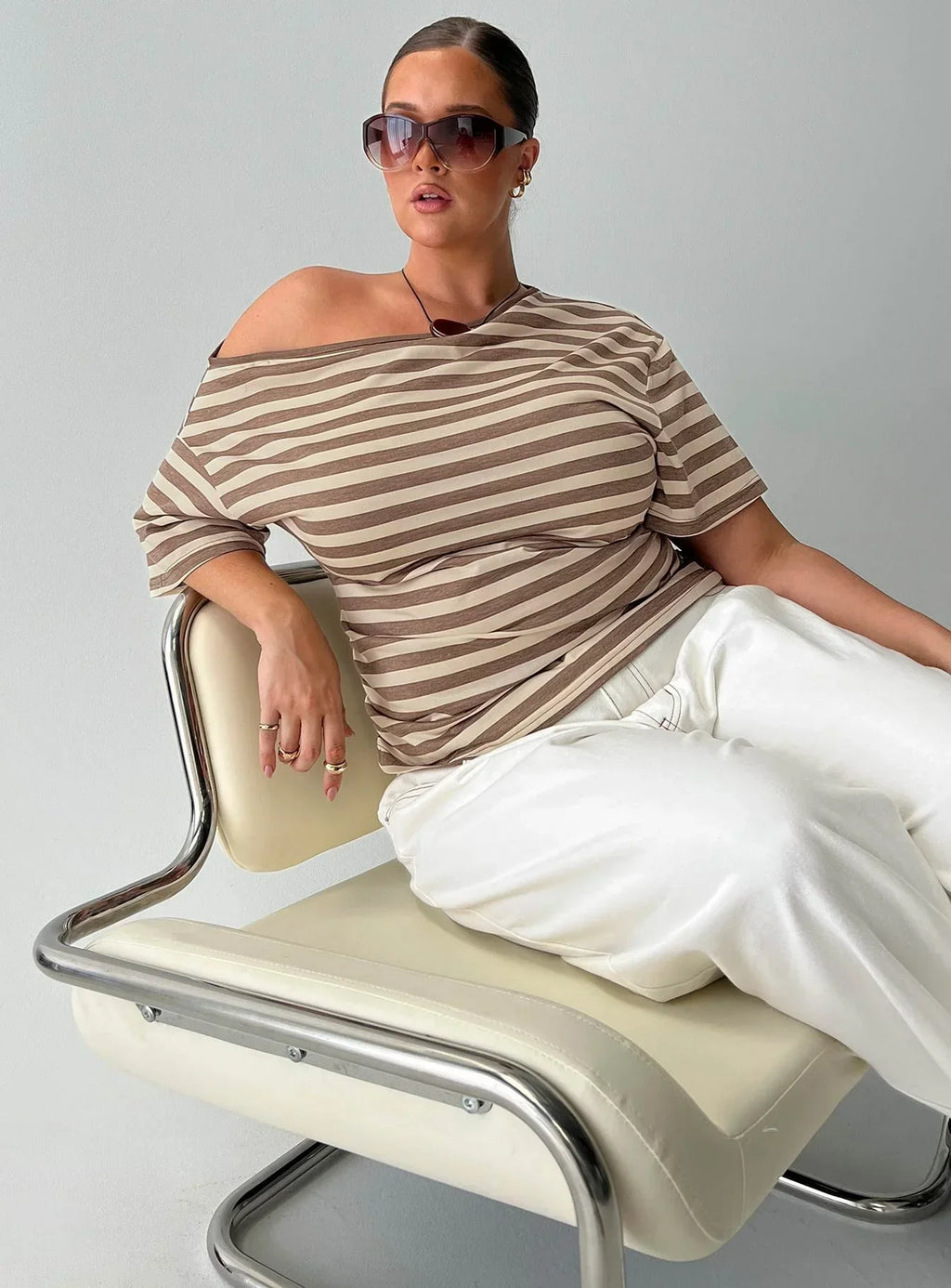 Emlynn Off Shoulder Top Brown Stripe Curve