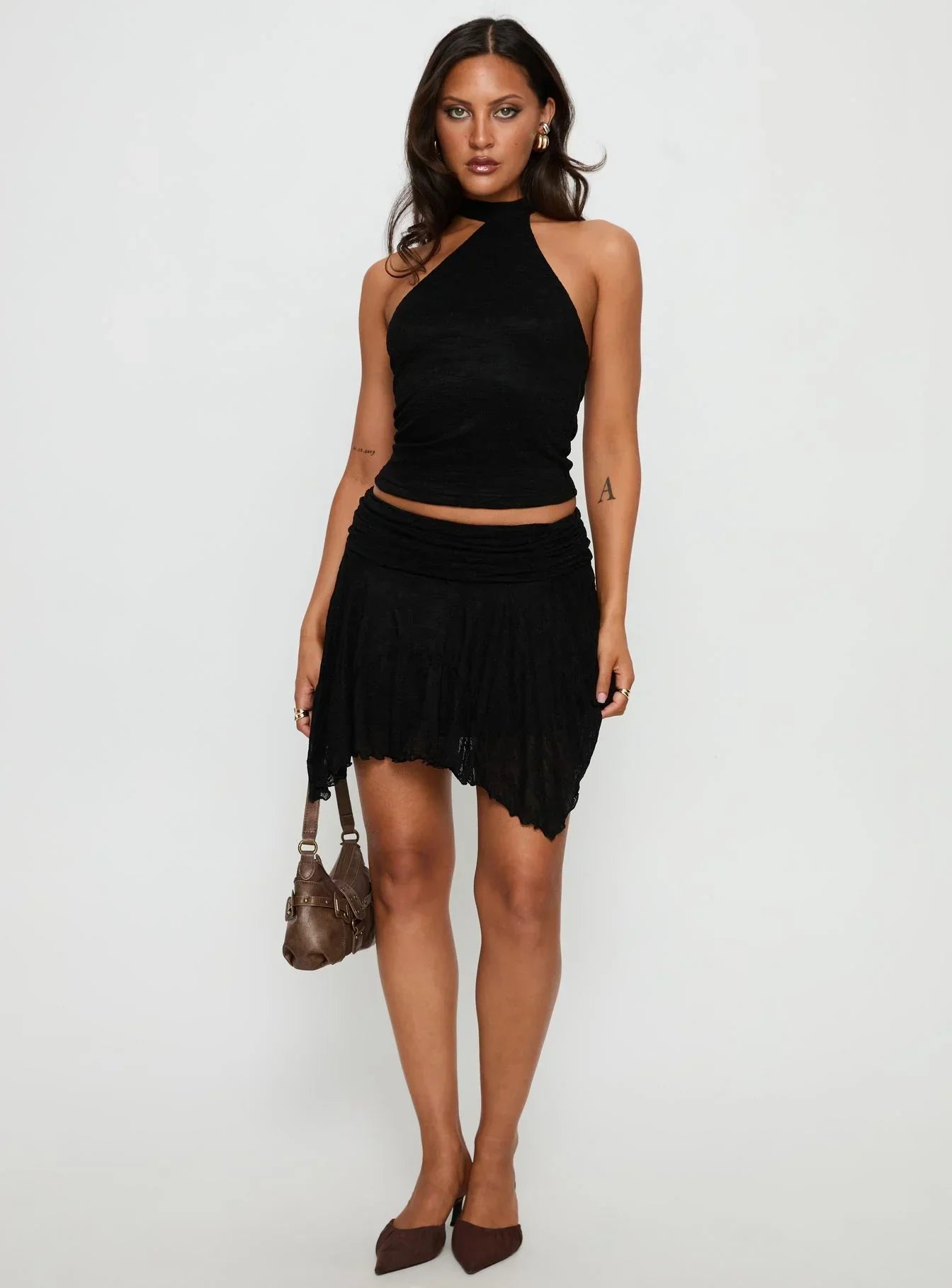 Raeann Scarf Detail One Shoulder Top Black
