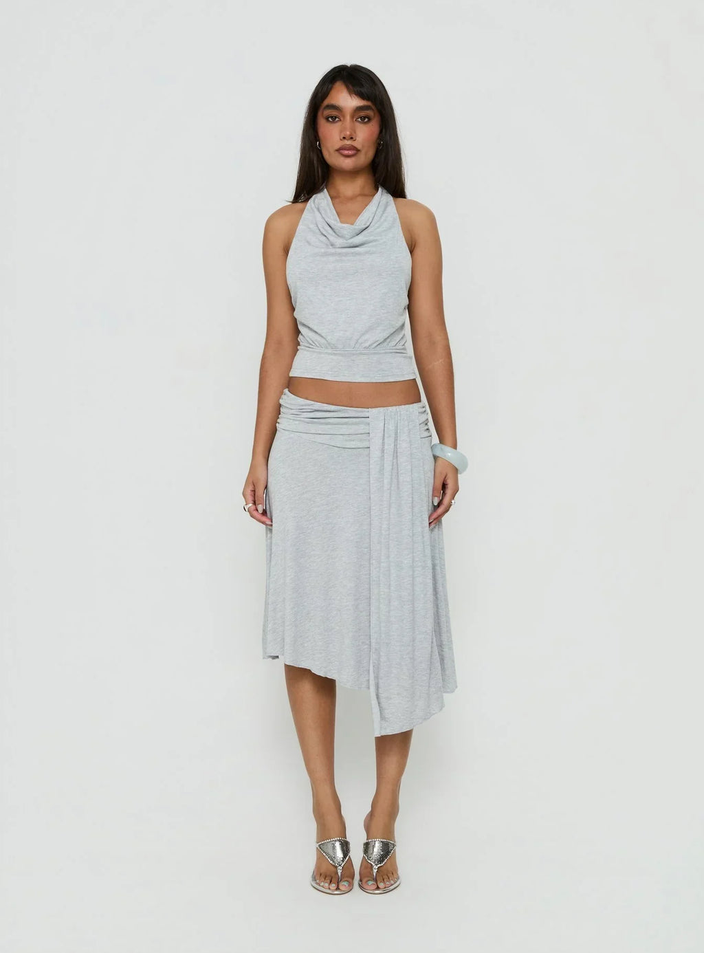 Adreana Halter Jersey Top Grey Marle