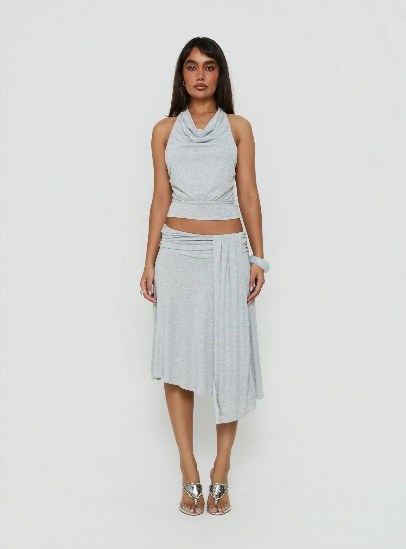 Adreana Halter Jersey Top Grey Marle