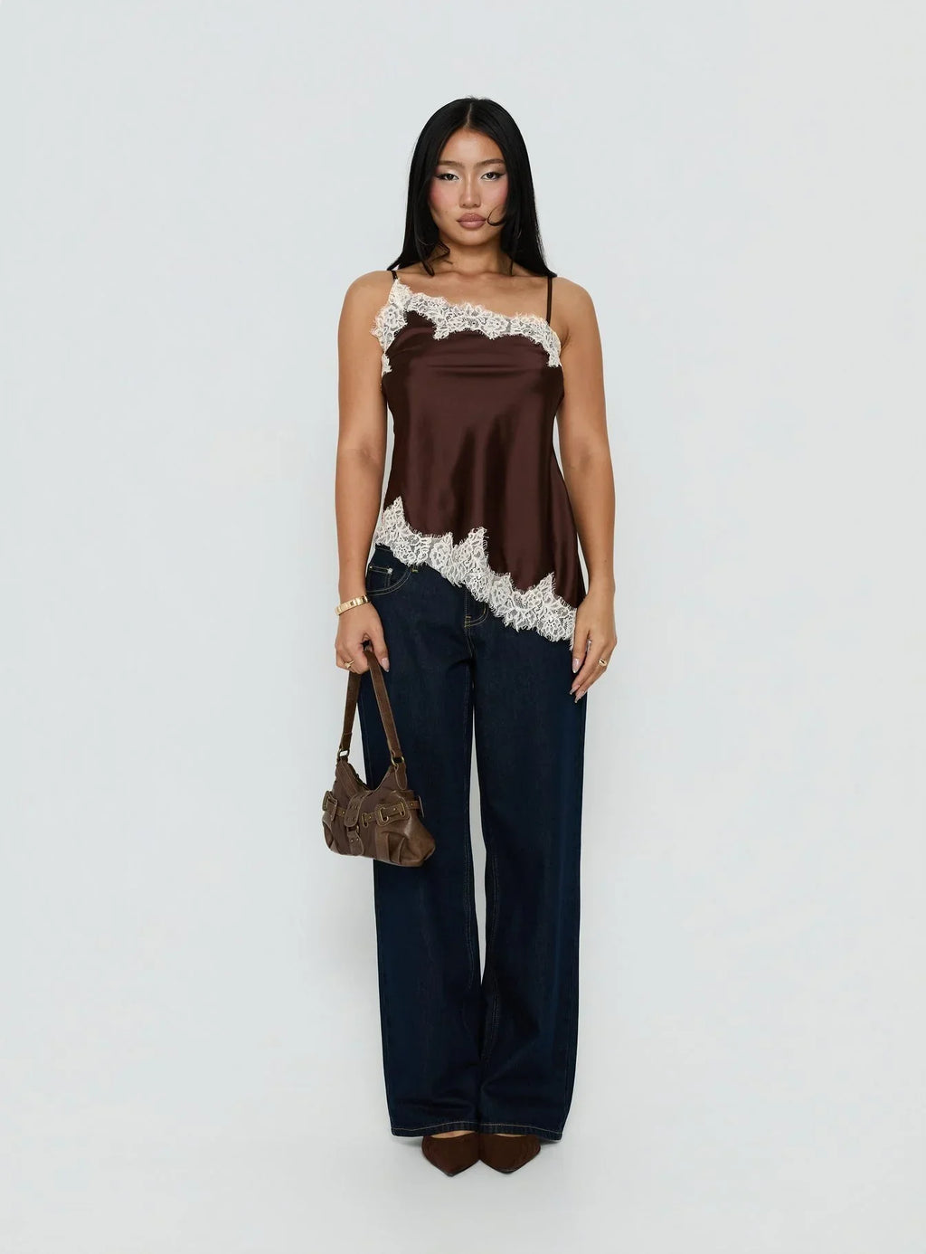 Winta Lace Trim Asymmetrical Satin Top Chocolate