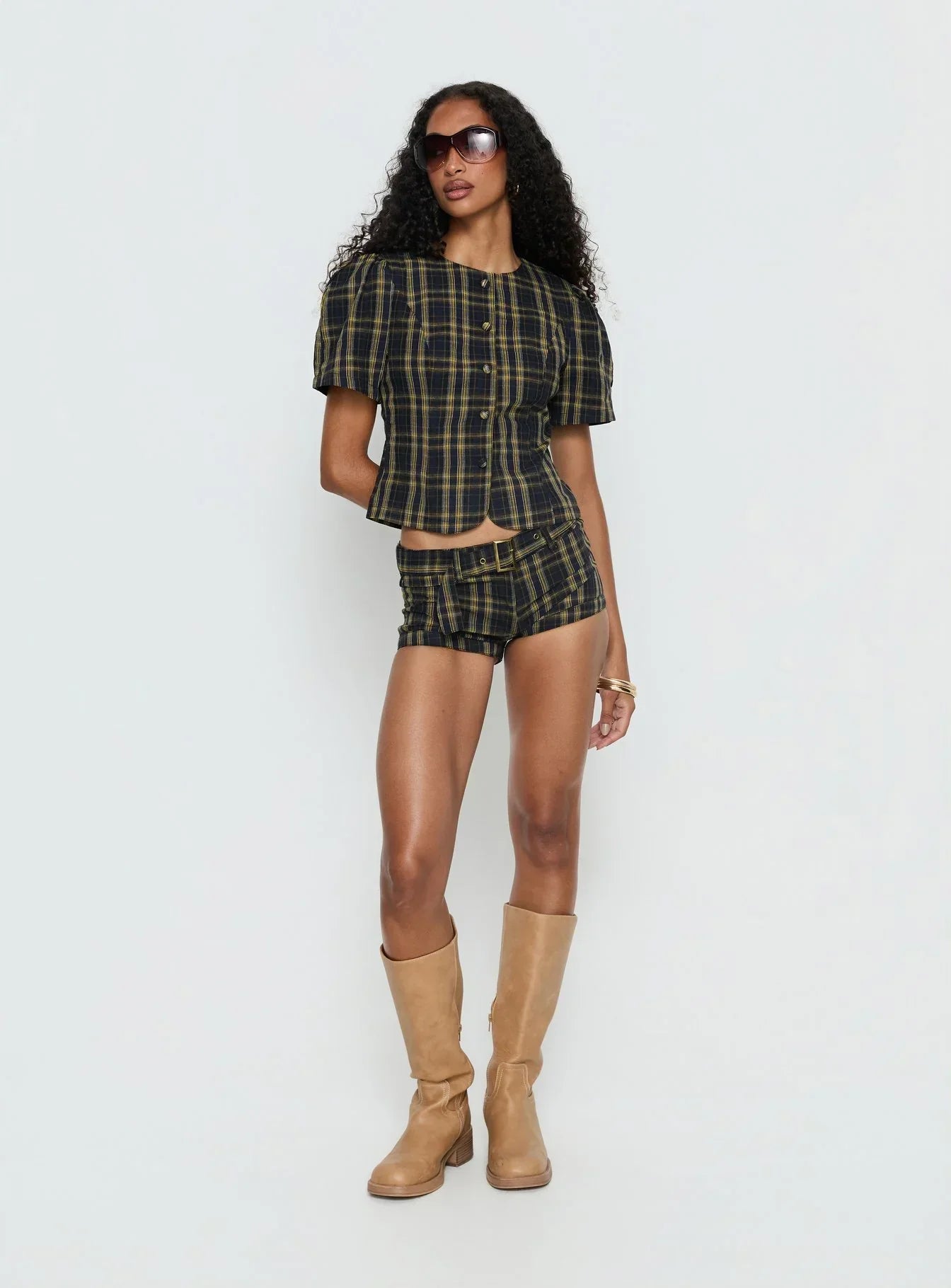 Femme Blouse Top Navy / Lemon Plaid