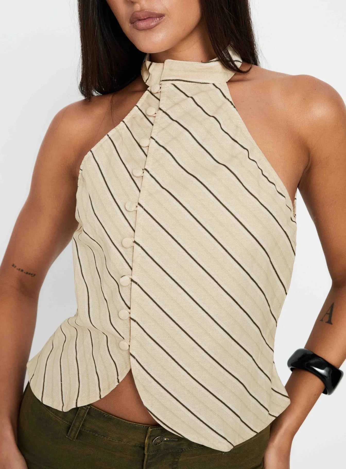 Iggya Button Detail High Neck Top Beige Stripe