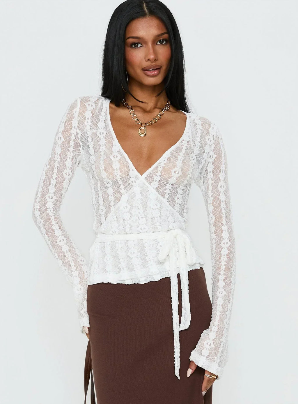 Melara Lace Long Sleeve Wrap Top White
