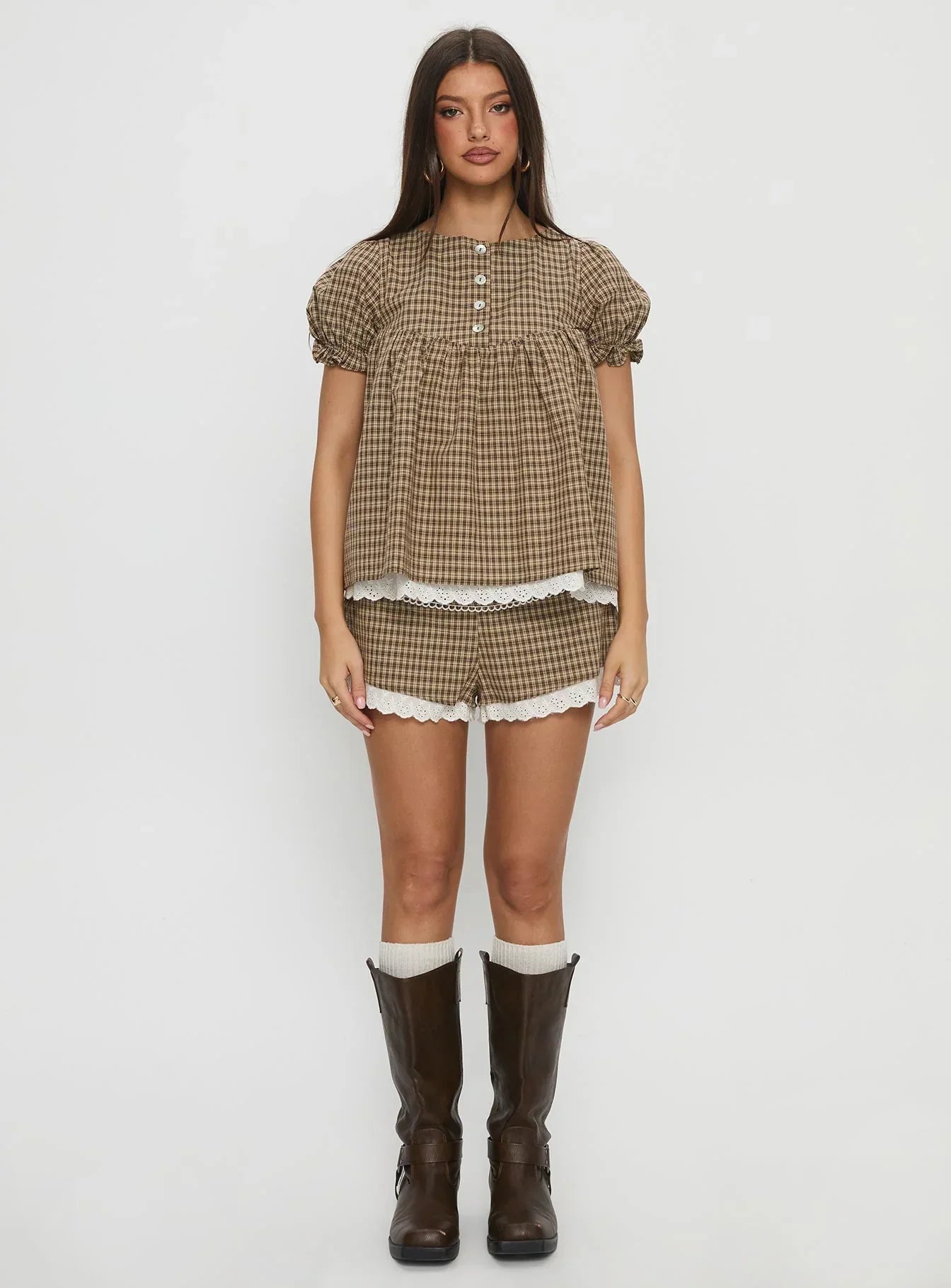 Chandelier Babydoll Top Brown Check