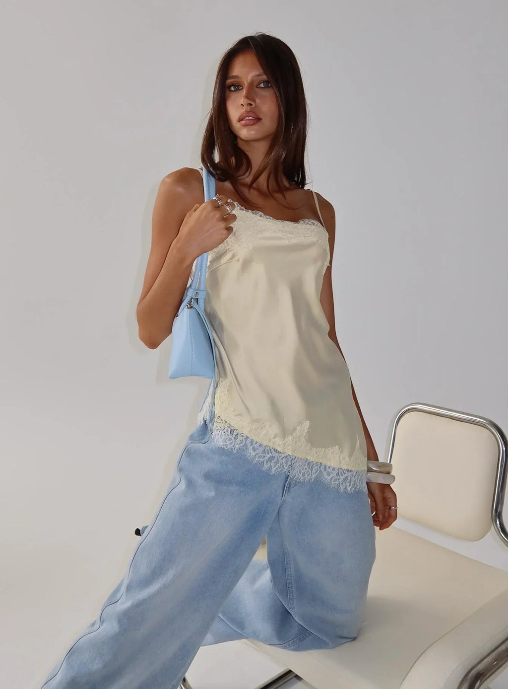 Winta Lace Trim Asymmetrical Satin Top Cream