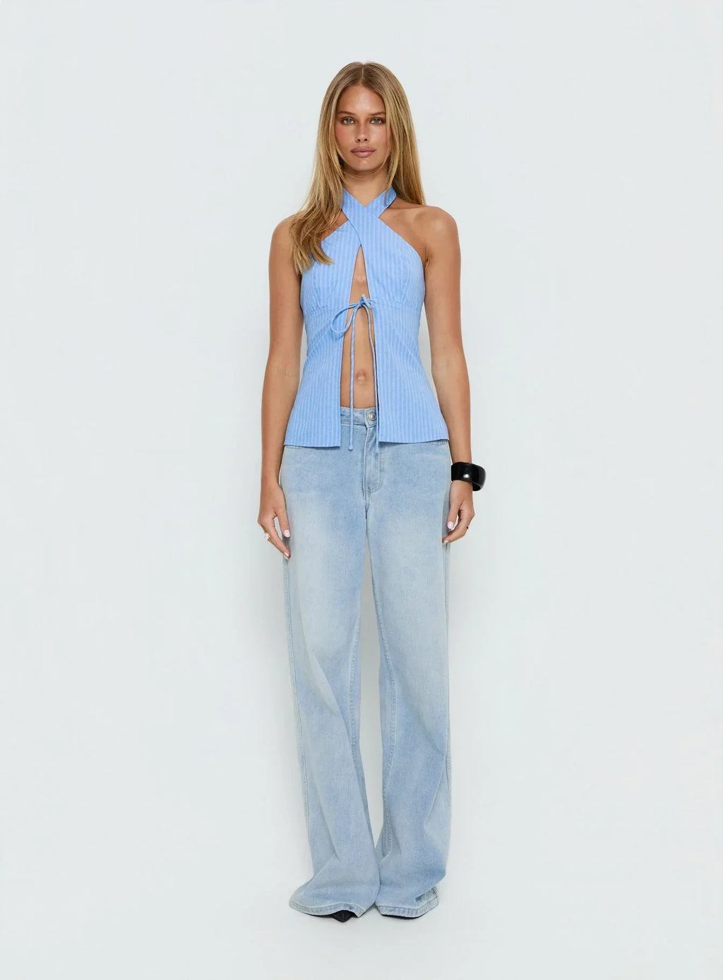 Sensational Cross Front Tie Detail Top Blue Stripe
