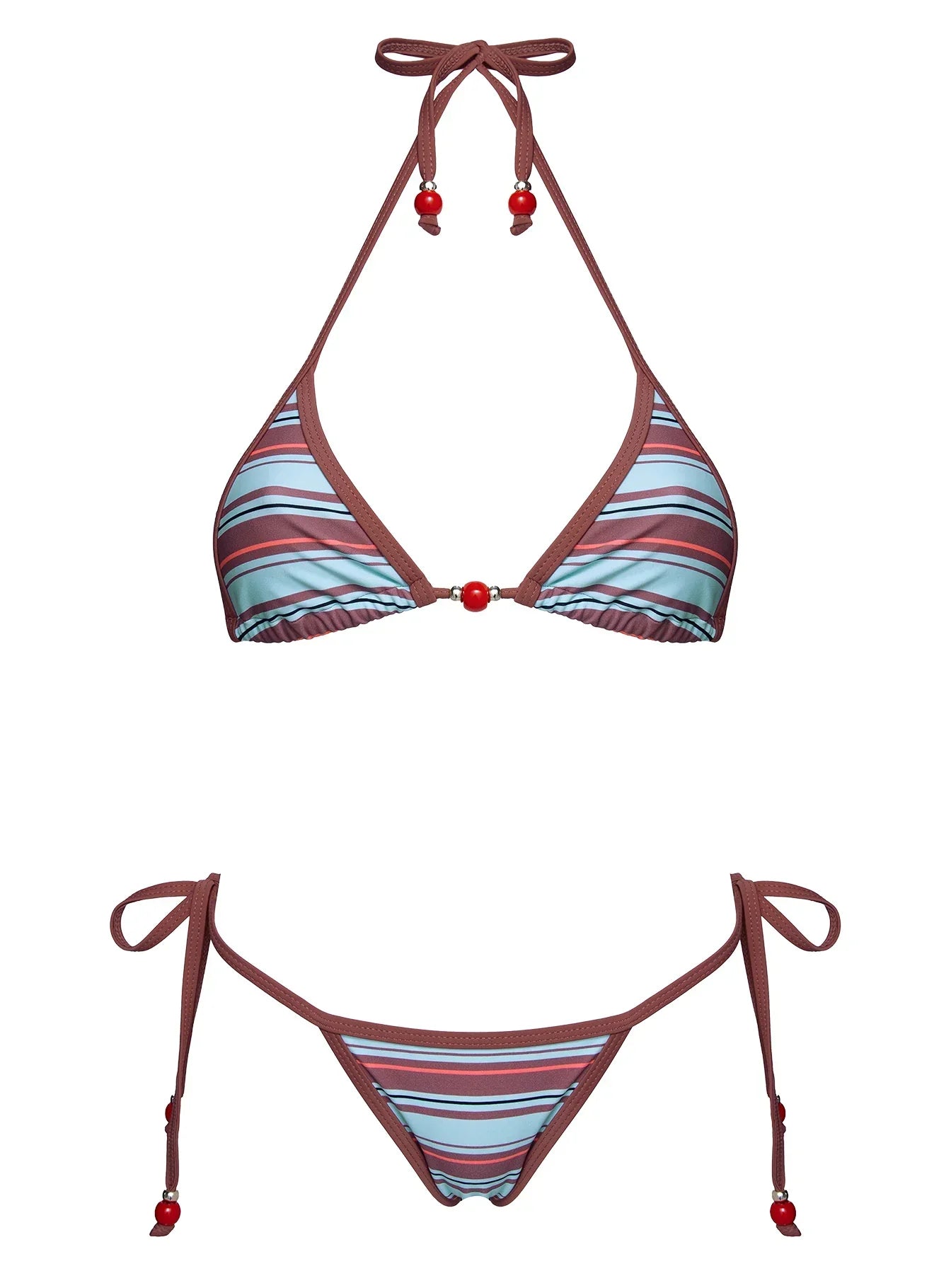 Mikaya Beaded Triangle Bikini Top Blue / Brown Stripe