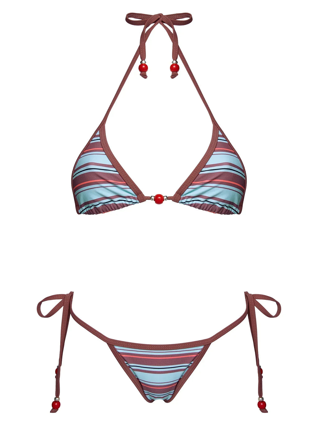 Mikaya Beaded Triangle Bikini Top Blue / Brown Stripe