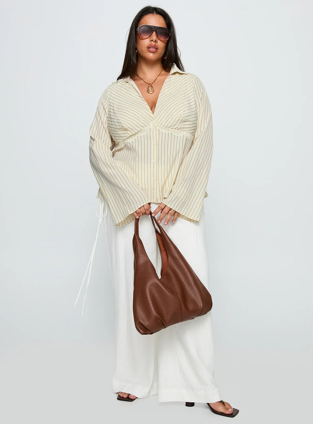 Life Begins Long Sleeve Lace Trim Top Cream Stripe Curve