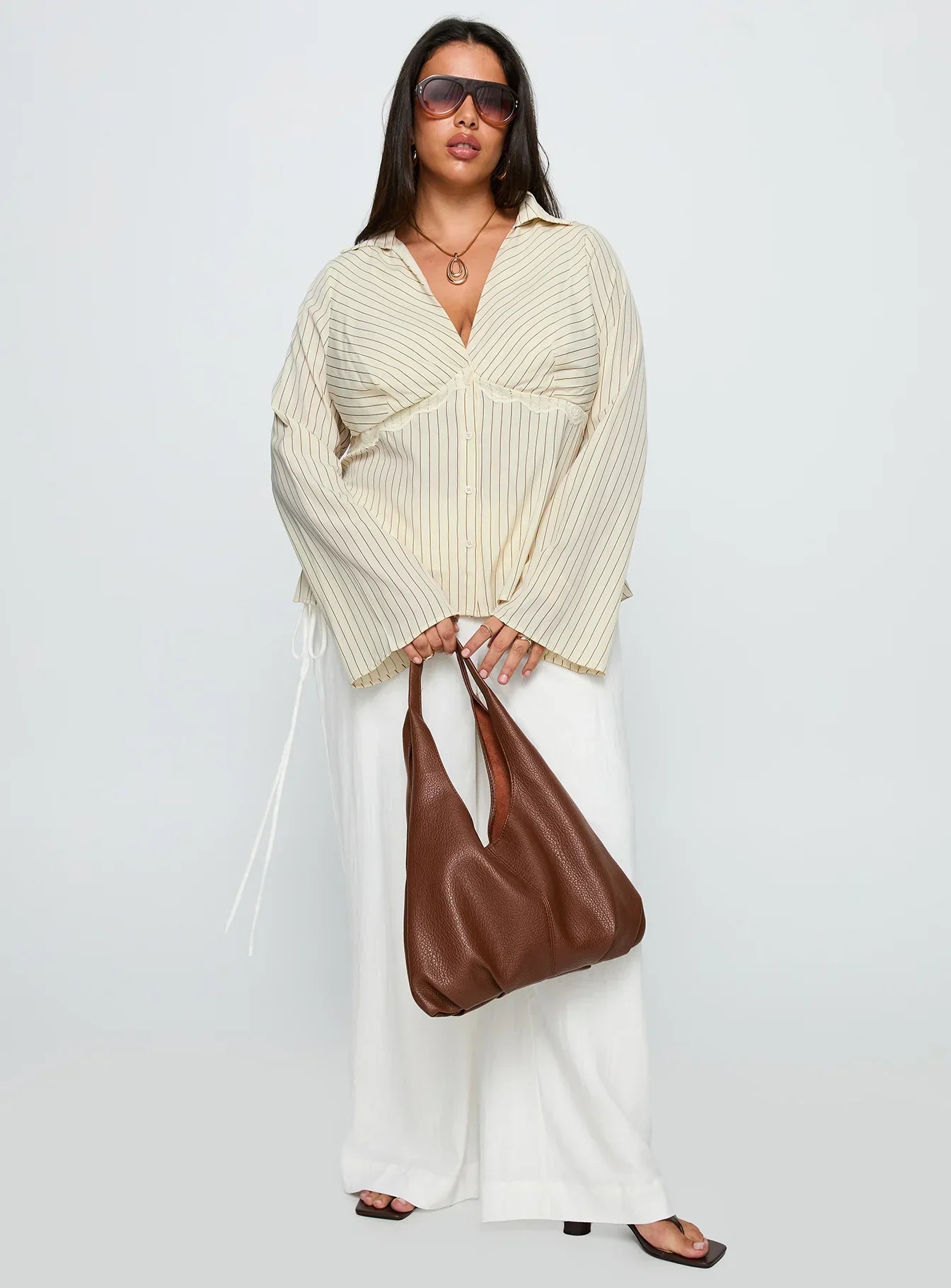 Life Begins Long Sleeve Lace Trim Top Cream Stripe Curve