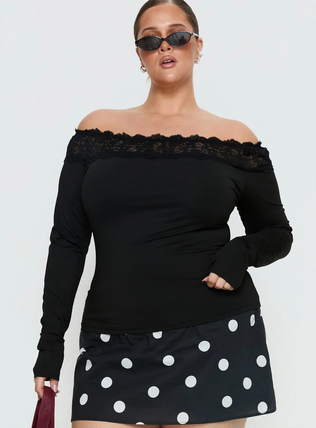 Breiann Lace Off Shoulder Long Sleeve Top Black Curve