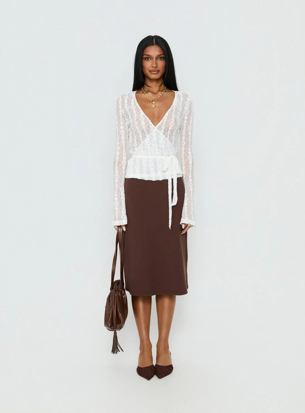 Melara Lace Long Sleeve Wrap Top White