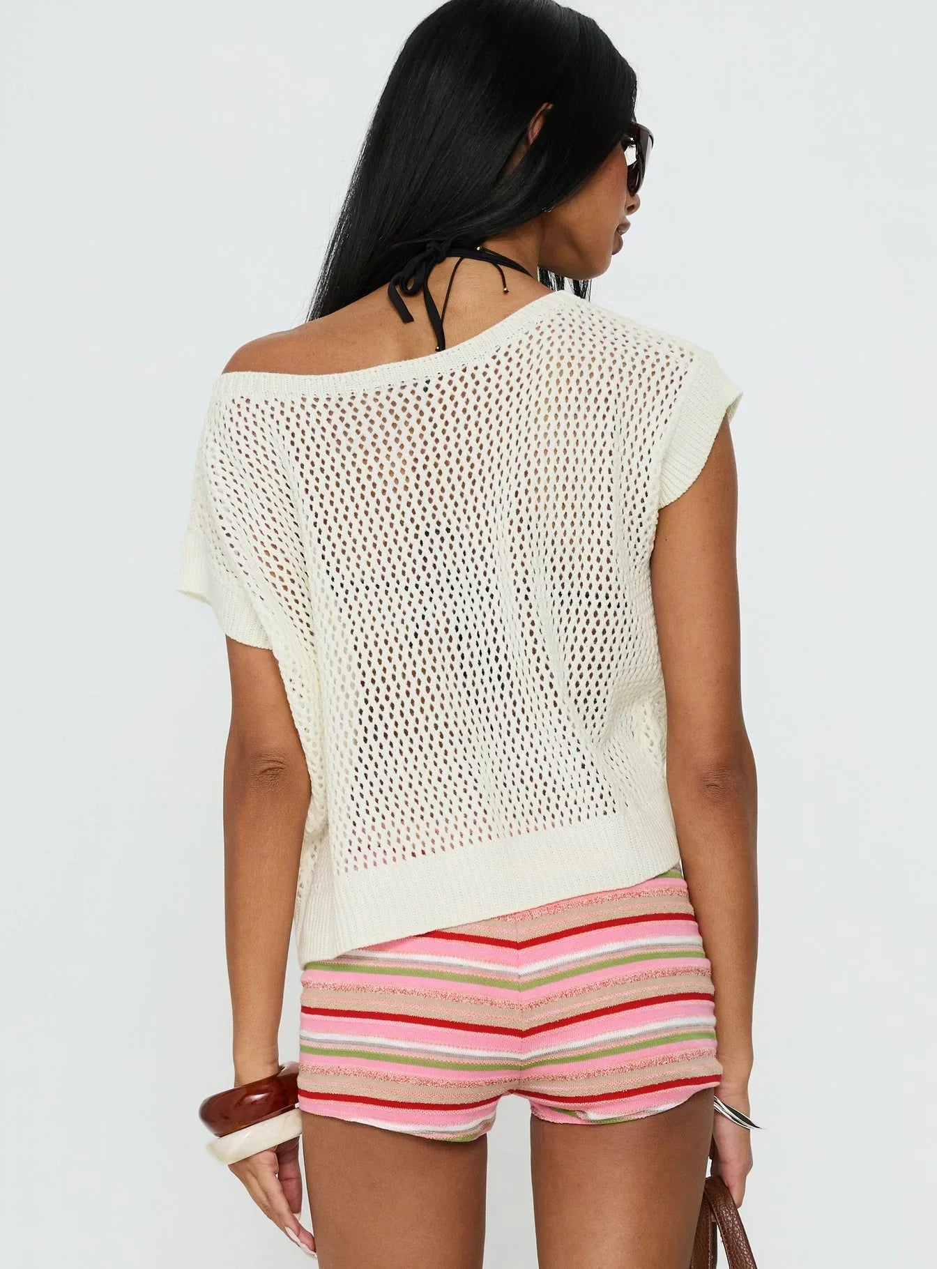 Lorenzina Sheer Crochet Off Shoulder Top Cream