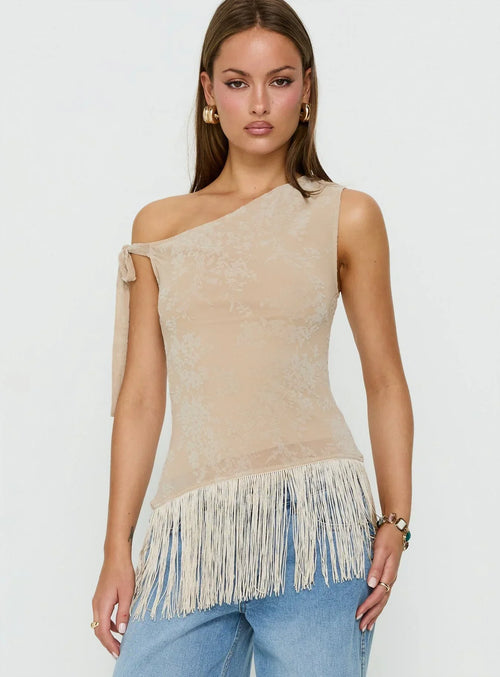 Astada One Shoulder Fringe Top Beige Floral
