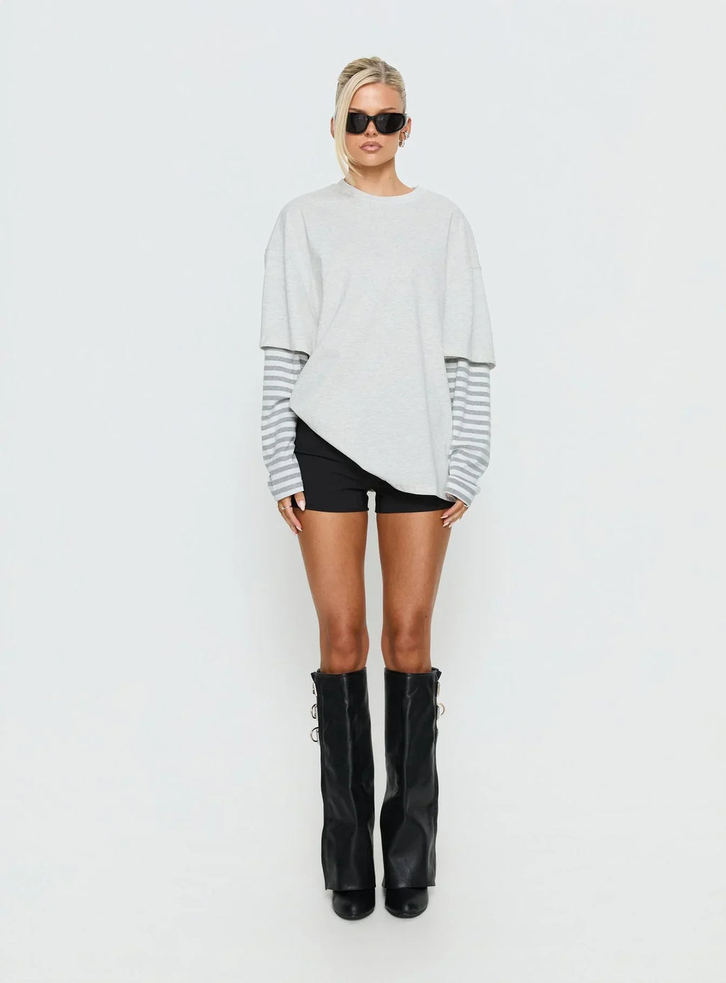 Ryann Long Sleeve Layered Top Grey / White Stripe