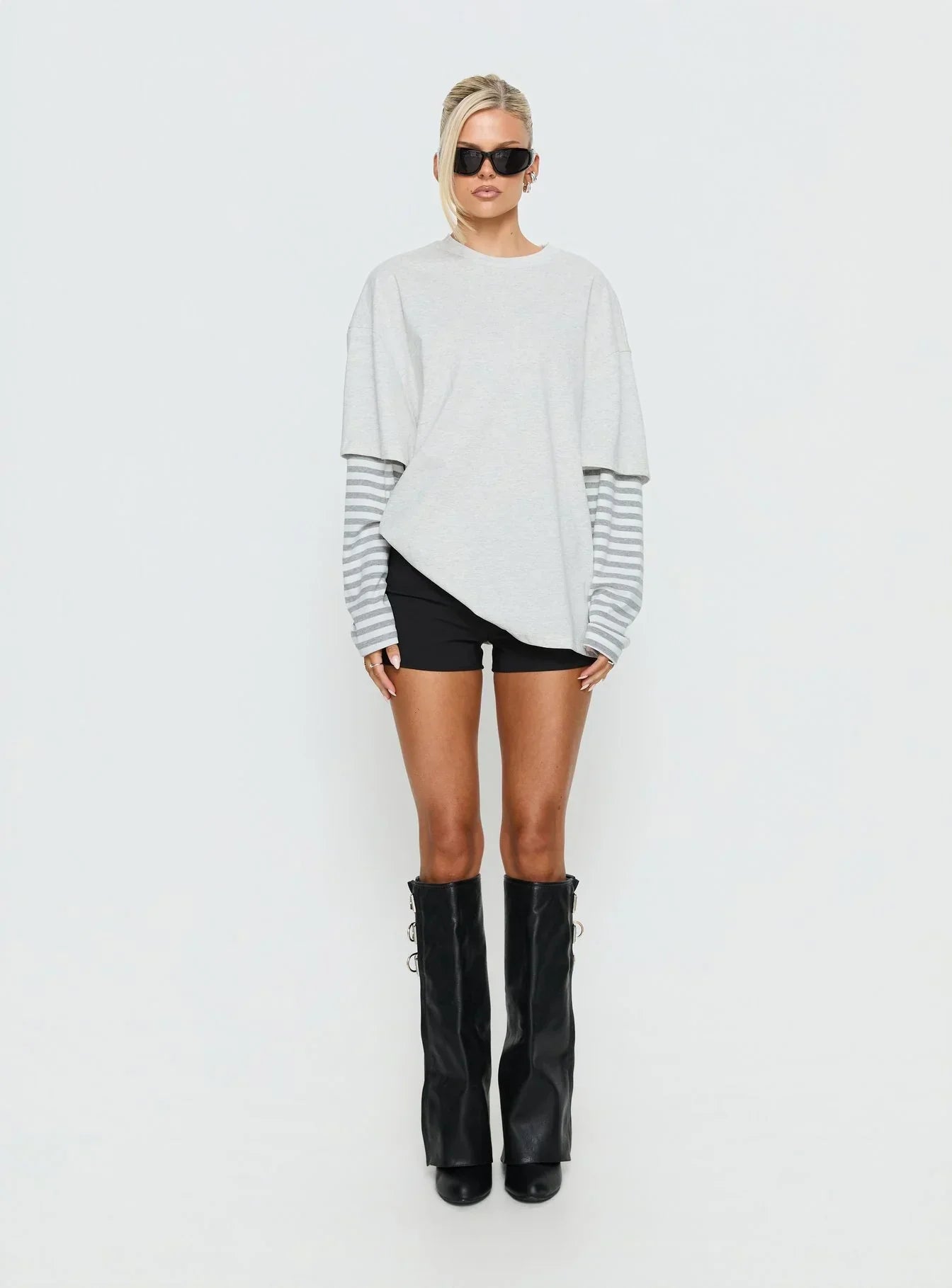 Ryann Long Sleeve Layered Top Grey / White Stripe