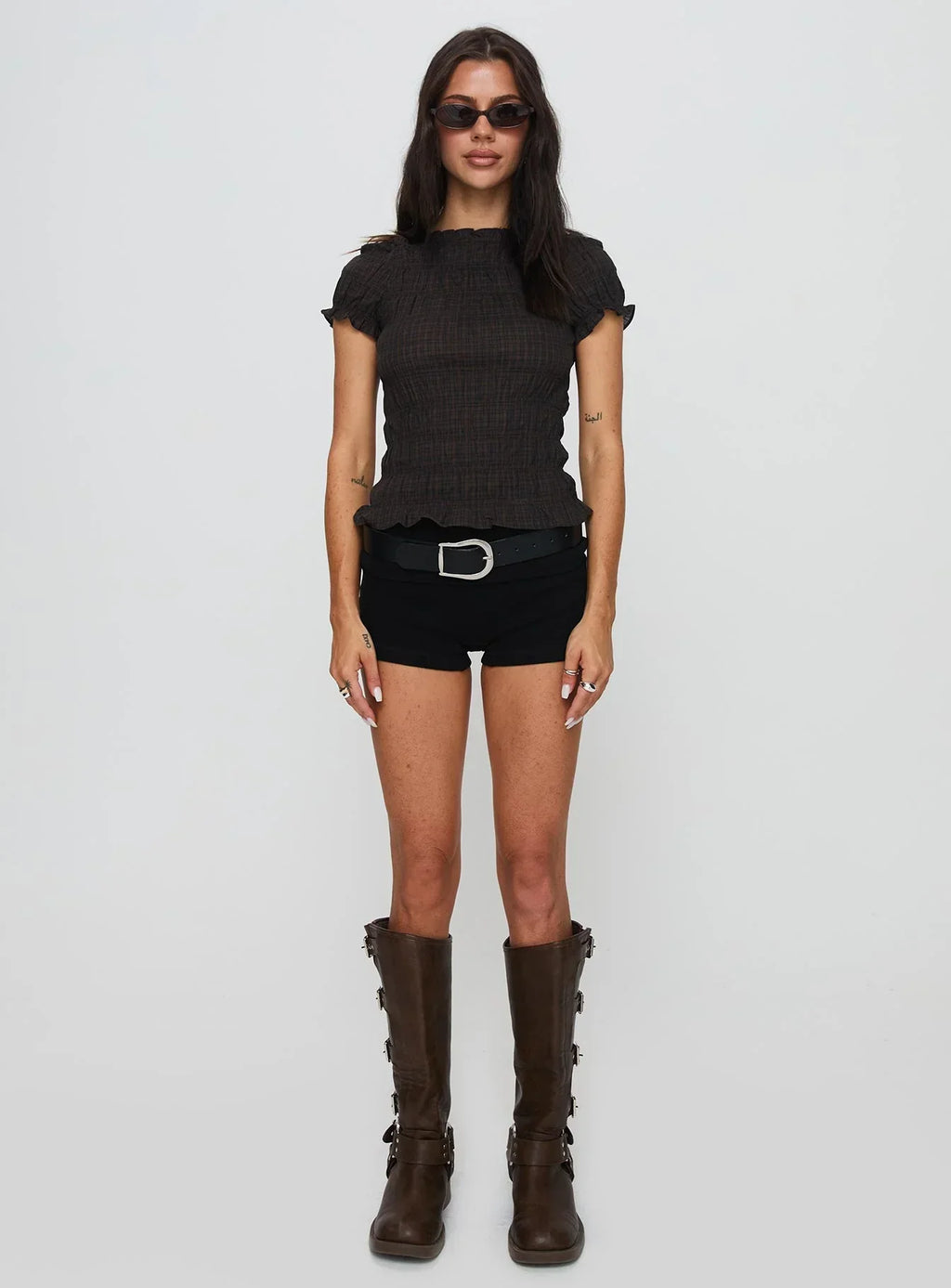 Romelle Shirred Top Black / Brown Plaid Petite
