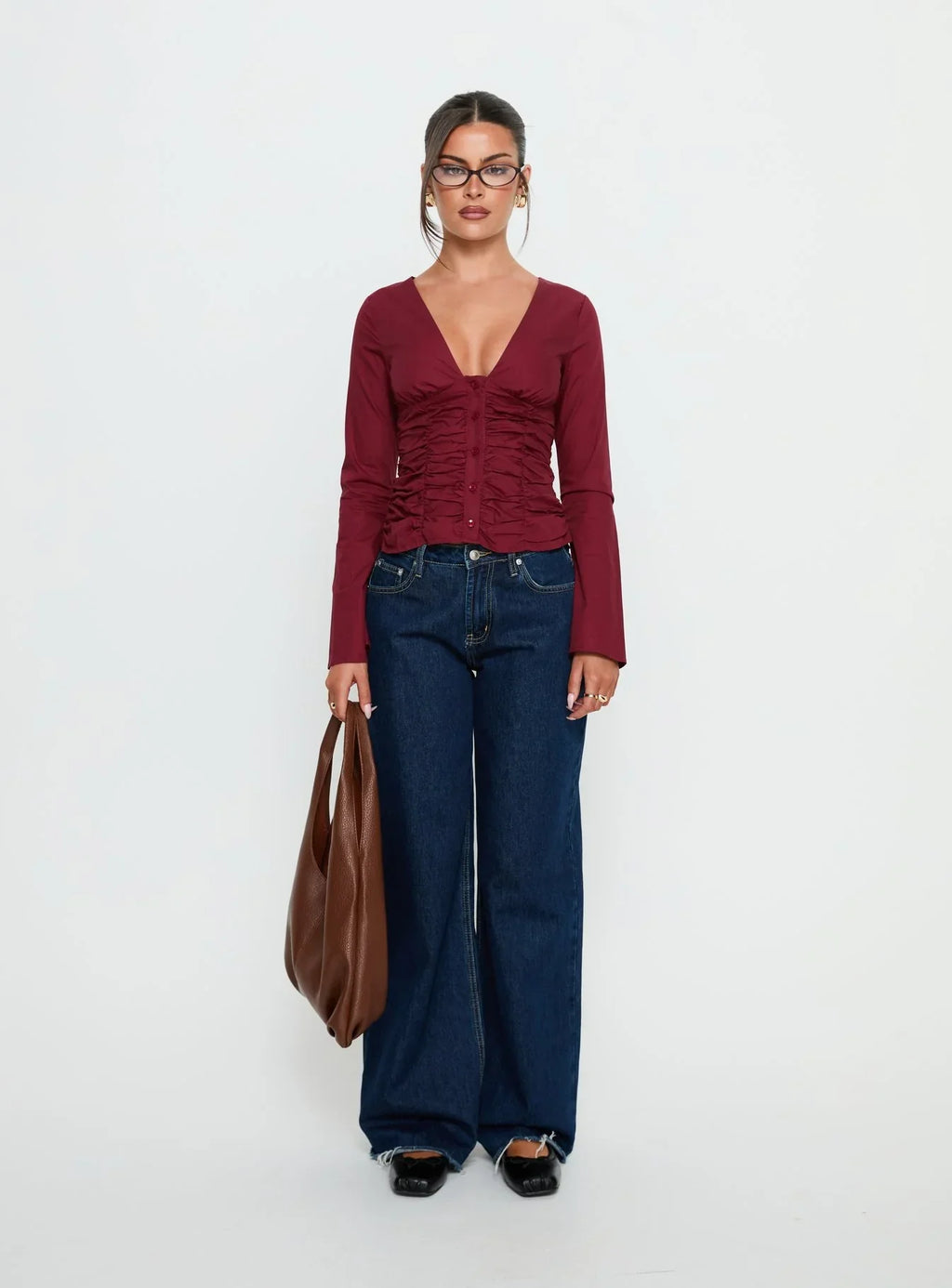 Zanetta Ruched Long Sleeve Top Burgundy