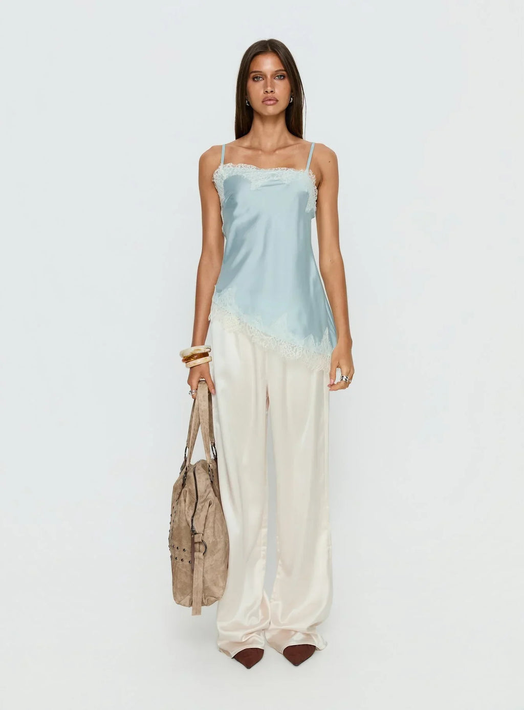 Winta Lace Trim Asymmetrical Satin Top Blue