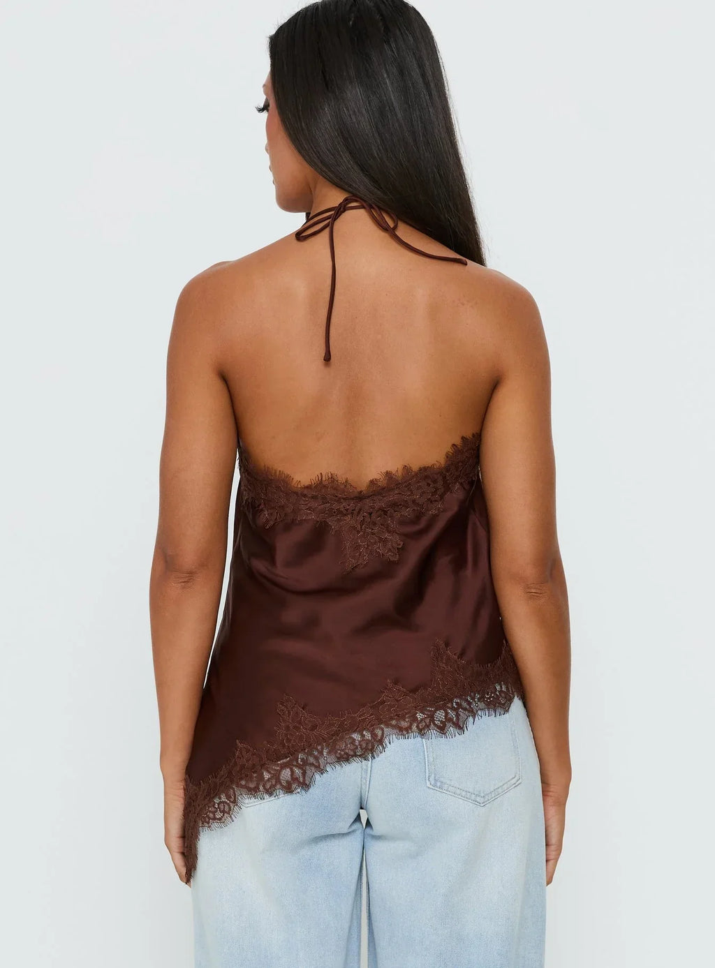 Cosetta Lace Trim Asymmetrical Cami Top Chocolate