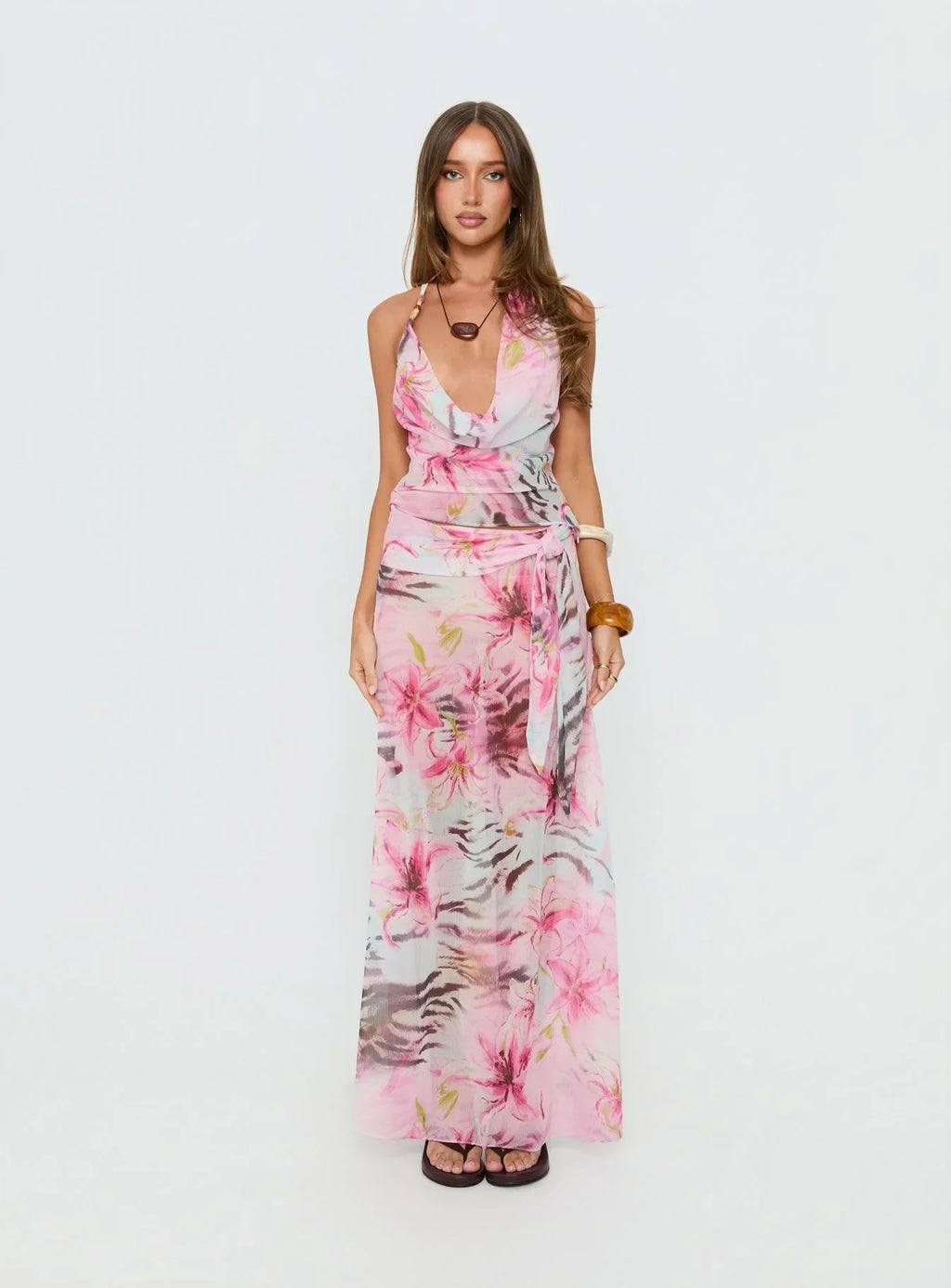 Distinction Halter Chiffon Top Pink Floral