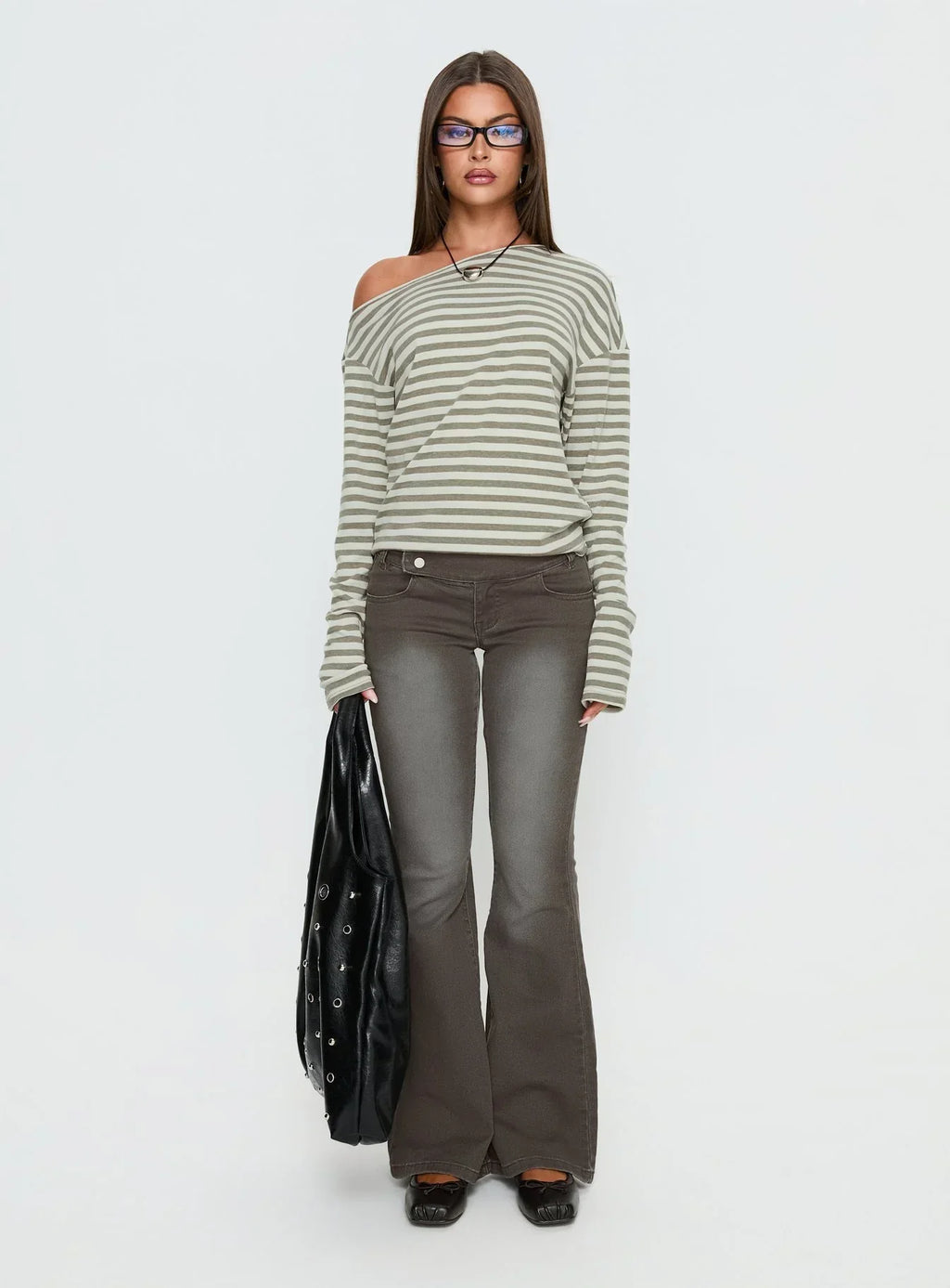 Lenorah Off Shoulder Long Sleeve Top Grey Stripe