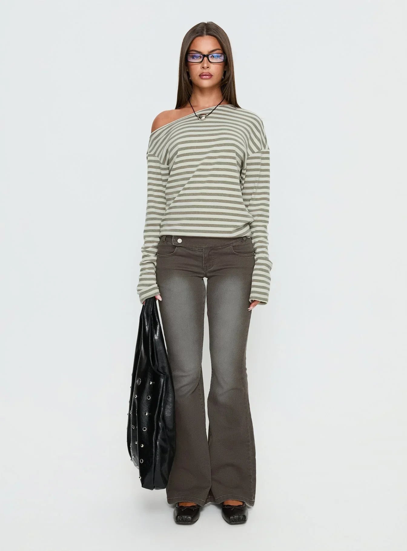 Lenorah Off Shoulder Long Sleeve Top Grey Stripe