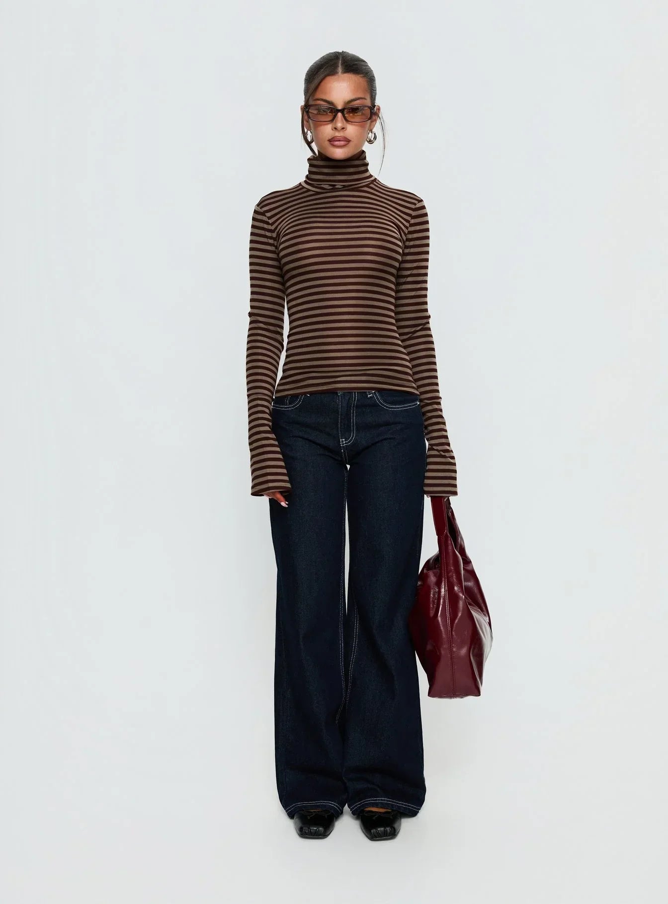 Temika Long Sleeve Backless Top Brown Stripe
