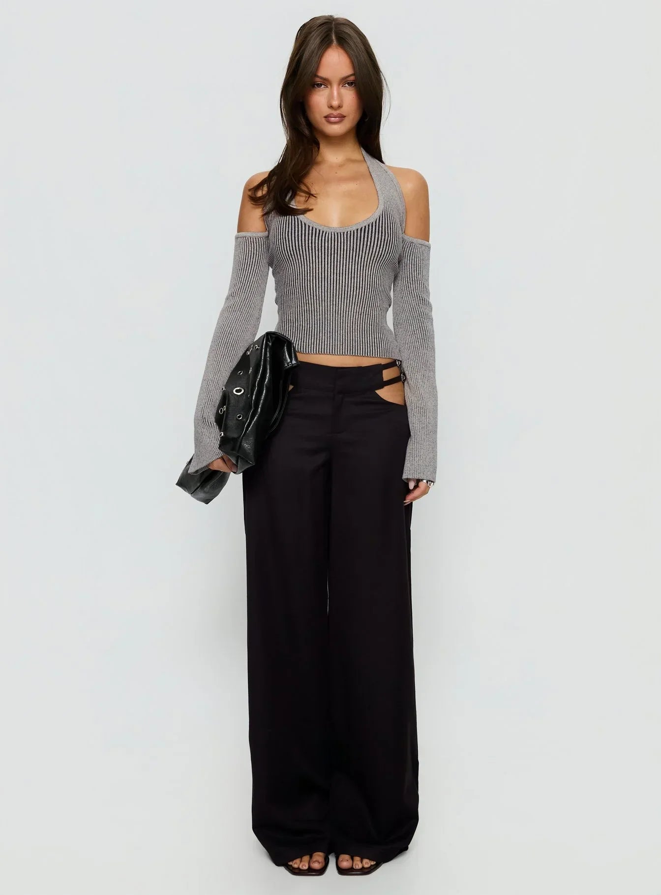 Novelia Halter Long Sleeve Top Black / Grey
