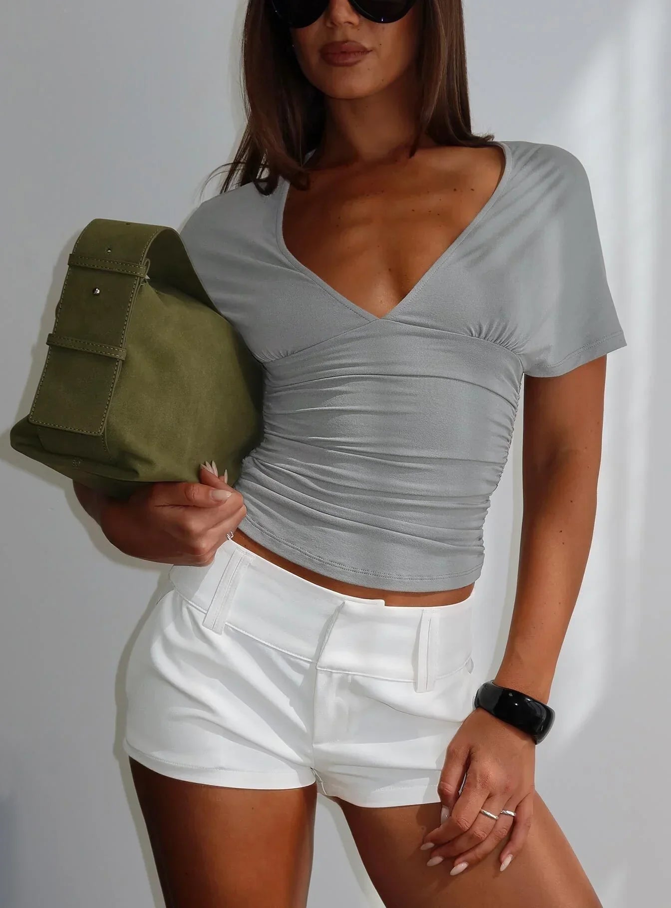 Osari Ruched Short Sleeve Jersey Top Grey