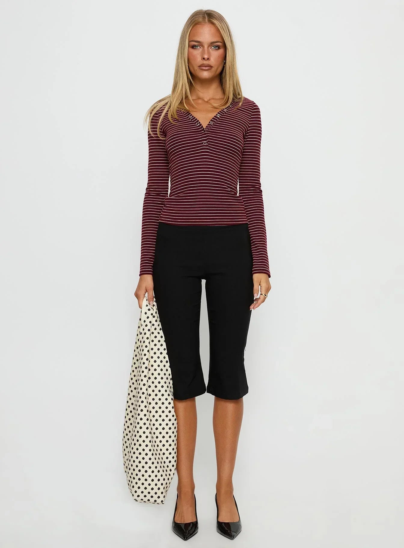 Georgeanna Button Up Long Sleeve Top Burgundy Stripe