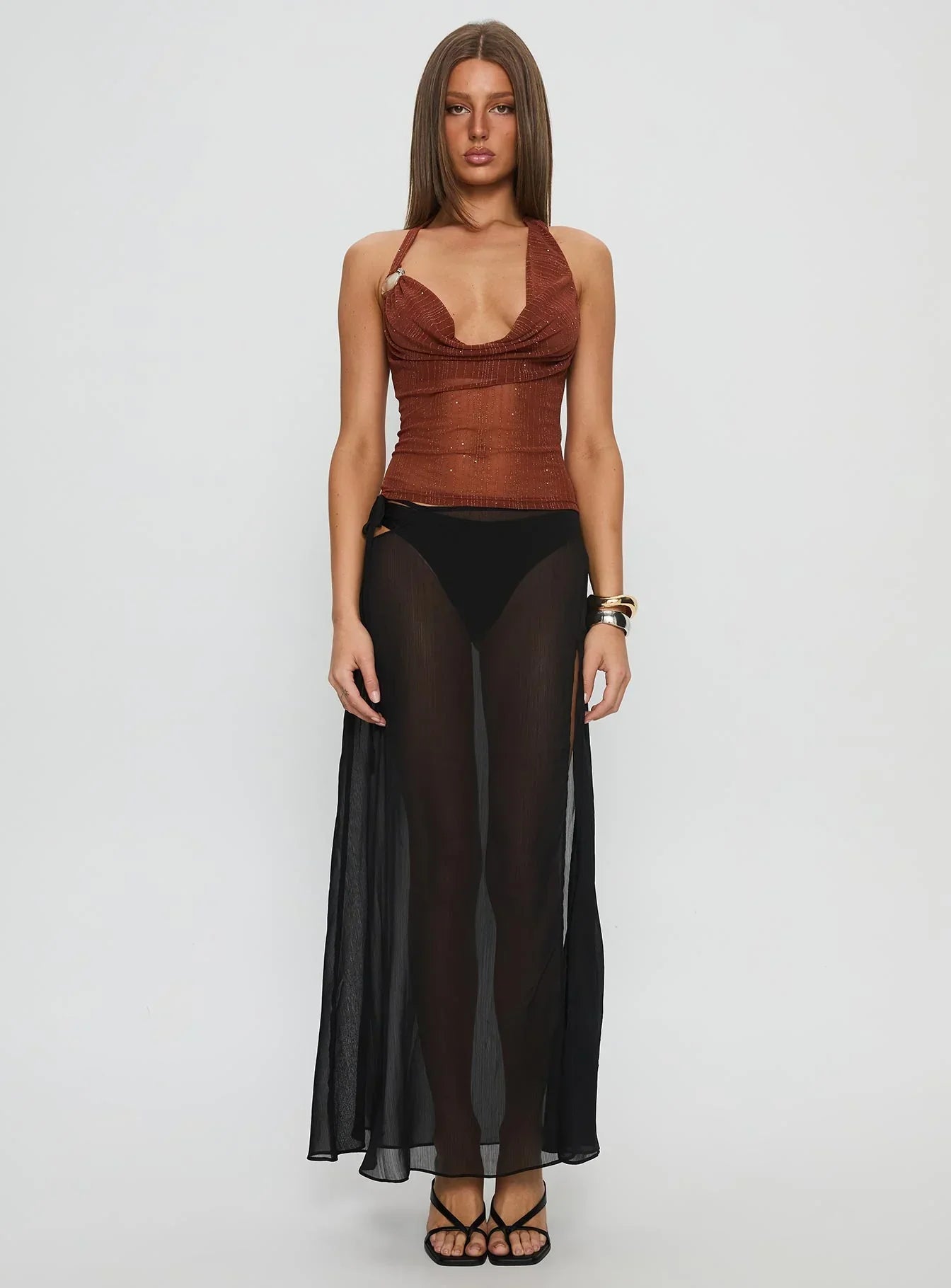 Victorina Hardware Detail Cowl Neck Top Brown