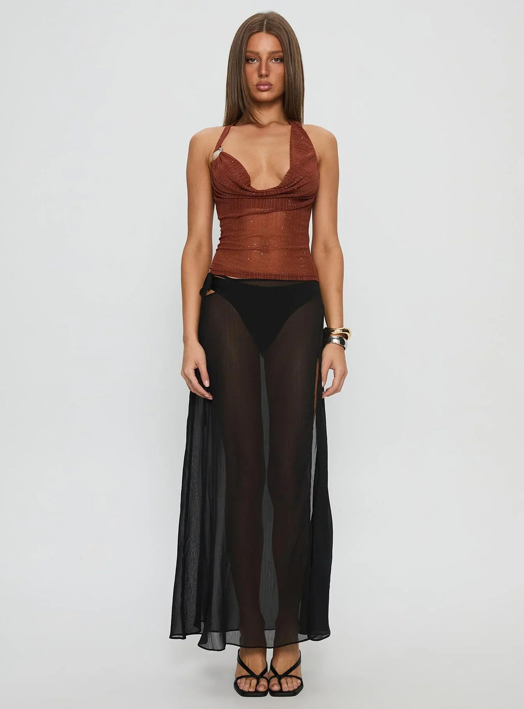 Victorina Hardware Detail Cowl Neck Top Brown