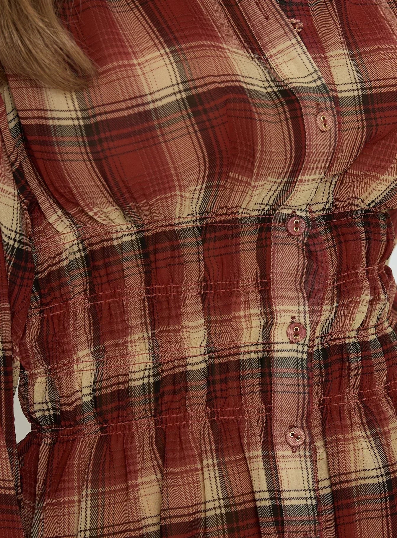 As You Are Shirred Button Up Top Red Check