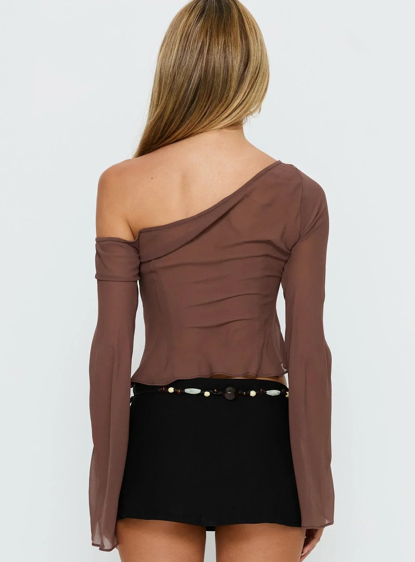 Nivara Chiffon One Shoulder Long Sleeve Top Mocha